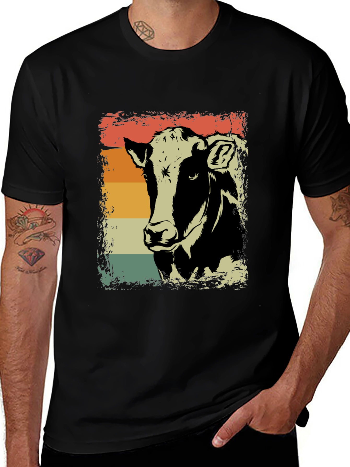 Variant 12 of Retro Cow Graphic Tee - Black Cotton Shirt