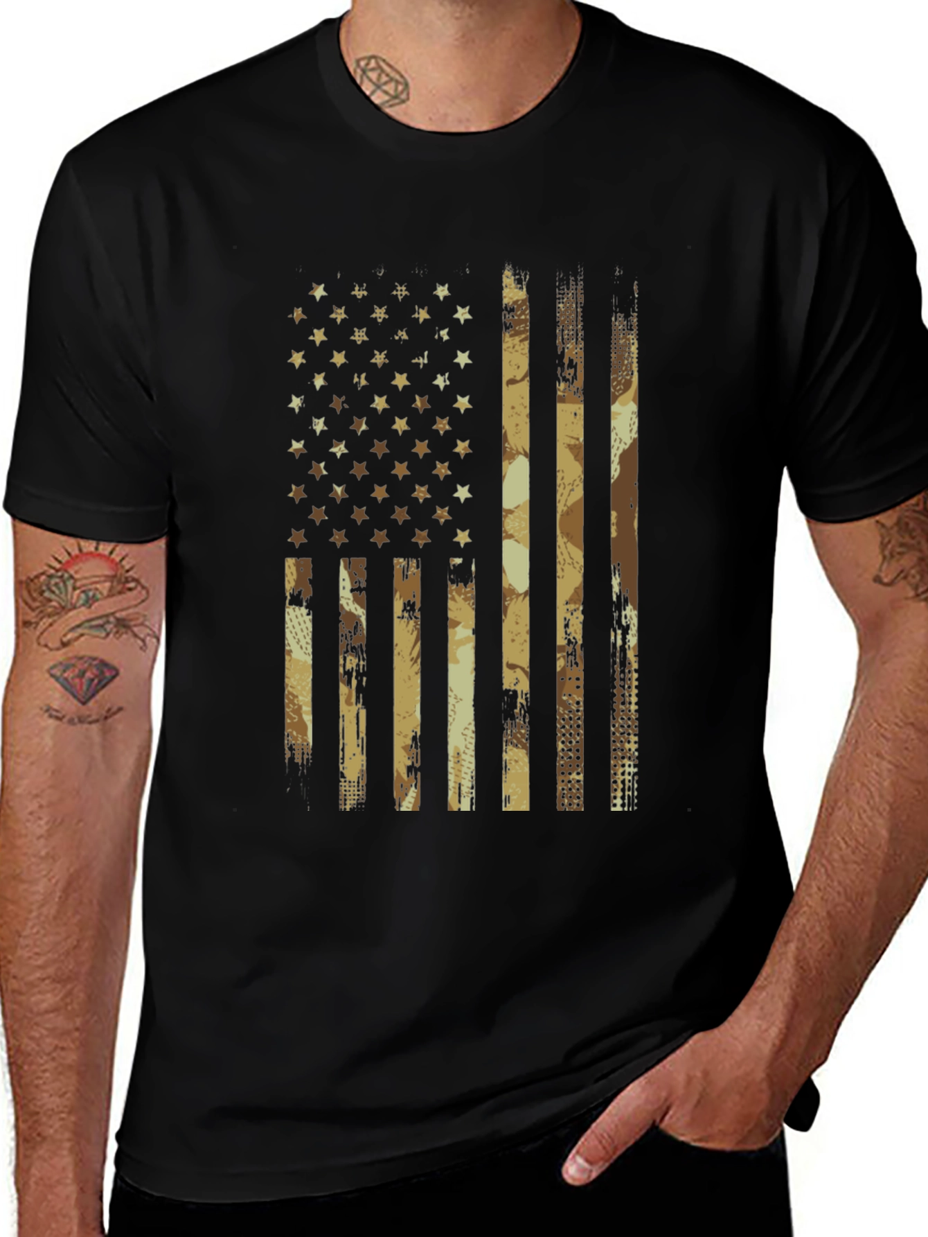 Desert Camo American Flag Graphic Tee - Black