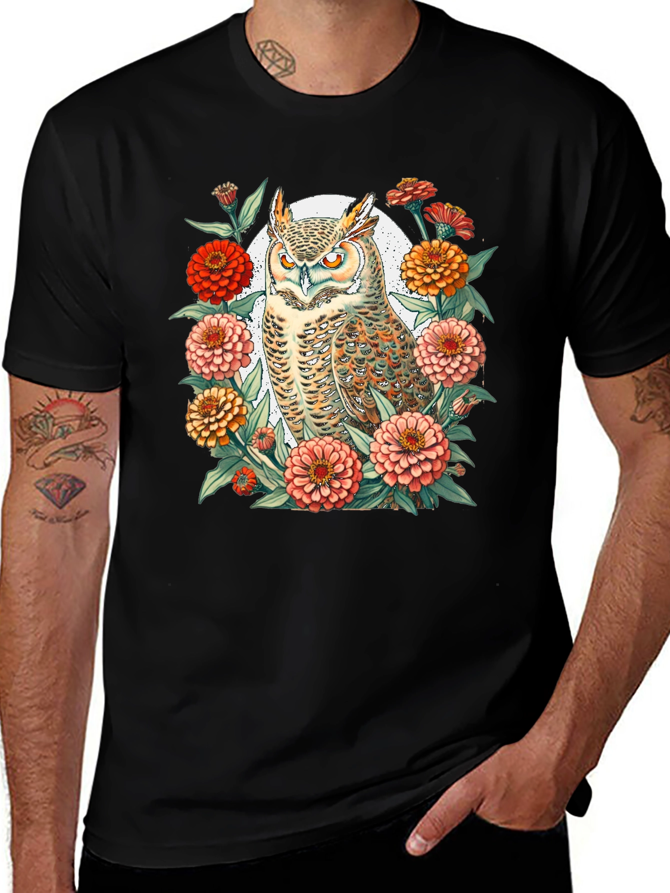 Variant 18 of Owl and Flower Graphic Black T-Shirt