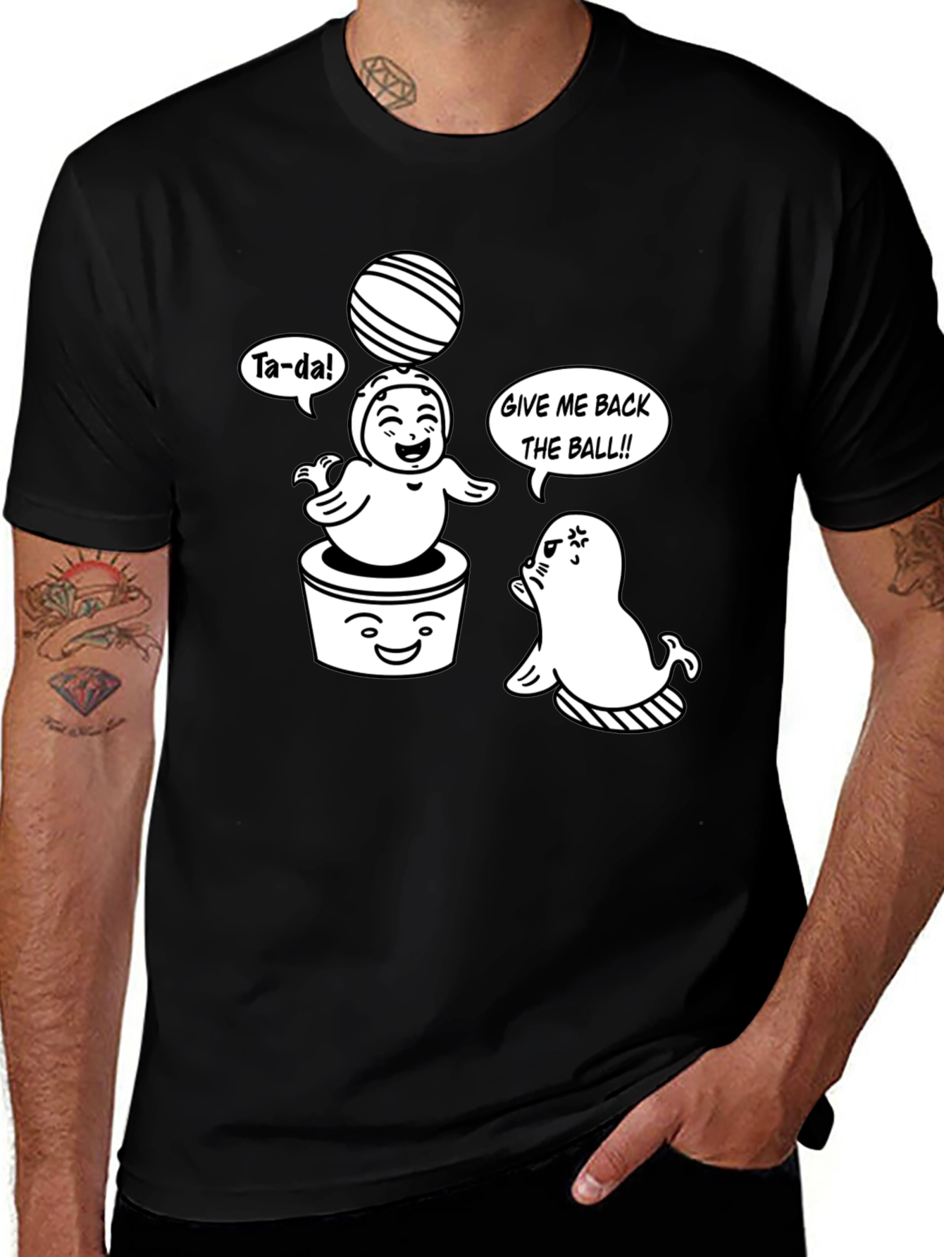 Cute Cartoon Seals Black T-Shirt