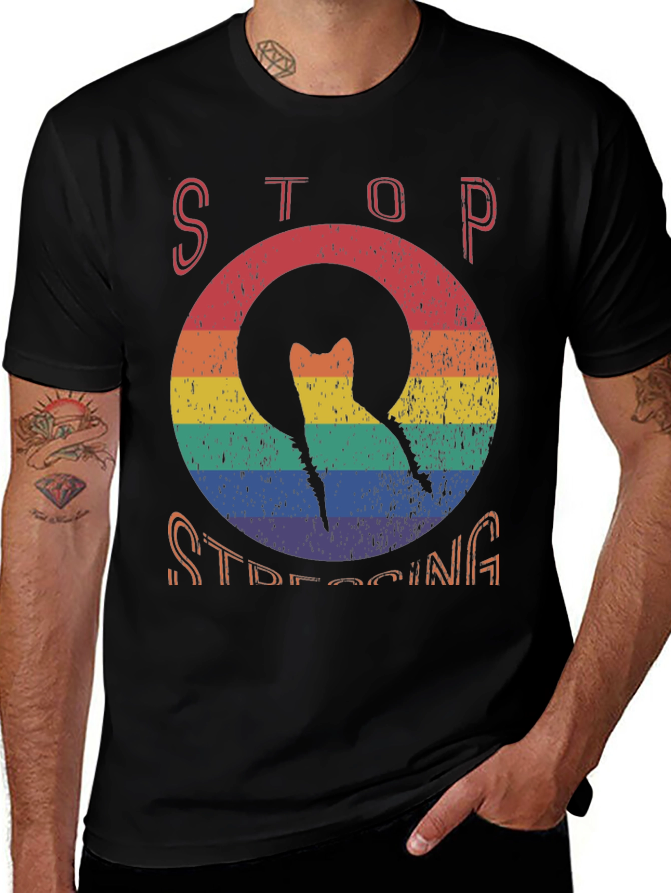 Variant 16 of Stop Stressing Cat Tee - Rainbow Design