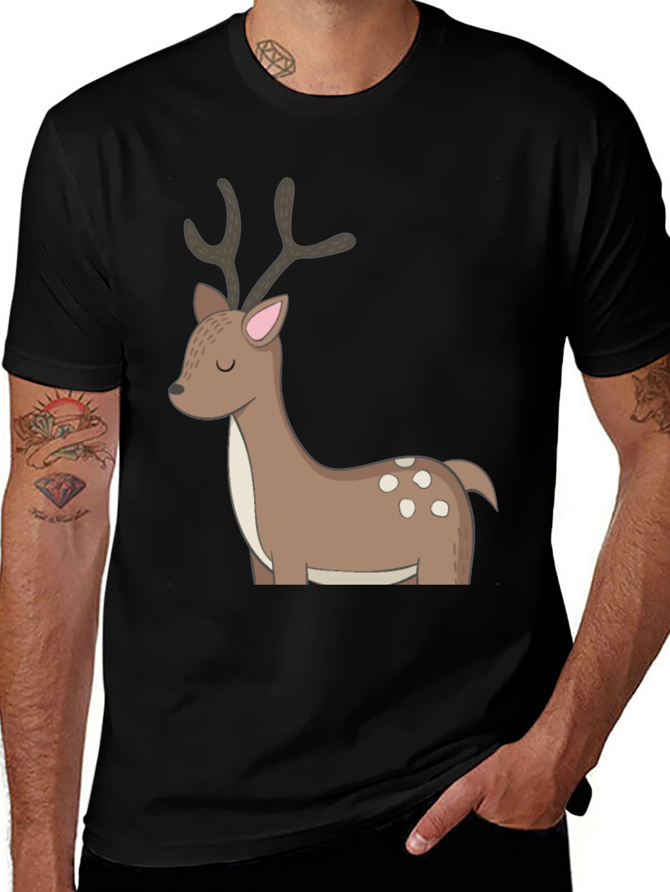 Variant 14 of Cute Cartoon Deer Graphic Tee - Black Cotton Blend