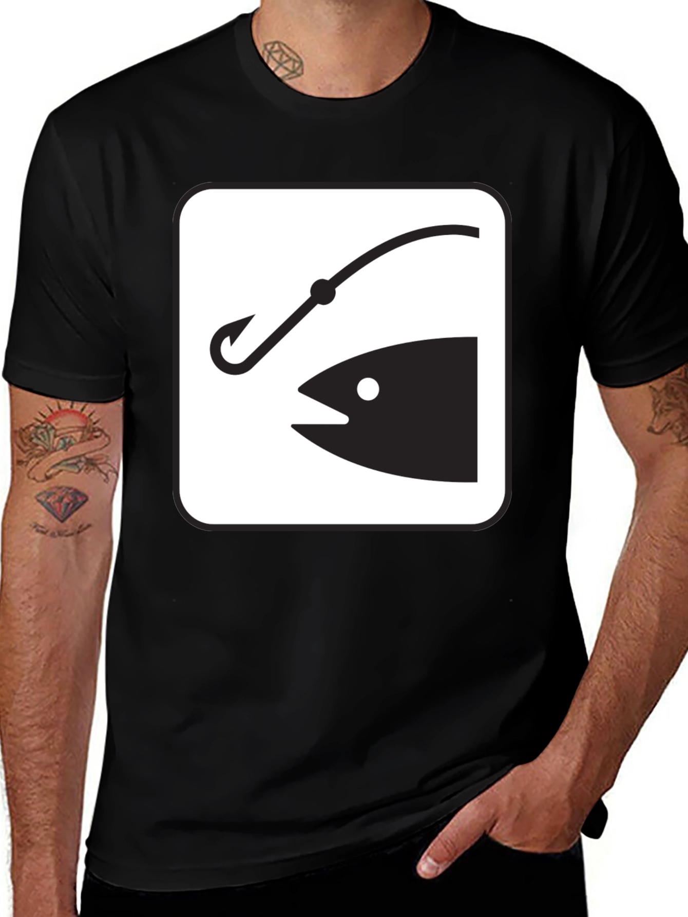 Variant 7 of Fishing Hook and Fish Graphic Tee - Black