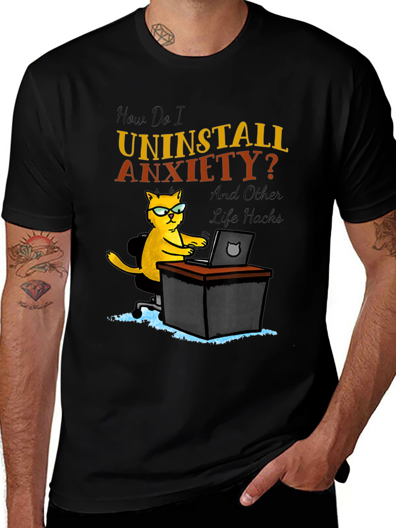 Variant 2 of Uninstall Anxiety Black T-Shirt - Funny Cat Graphic Tee