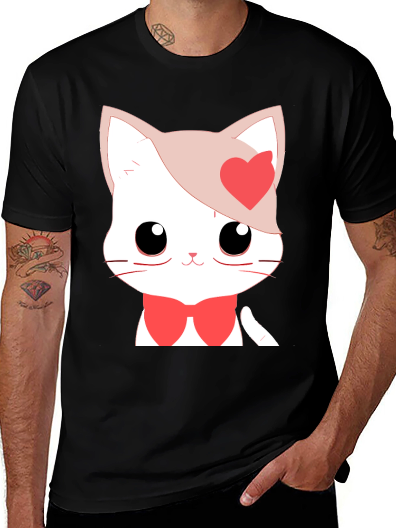 Variant 21 of Cute Cat T-Shirt with Heart, Bowtie - Black
