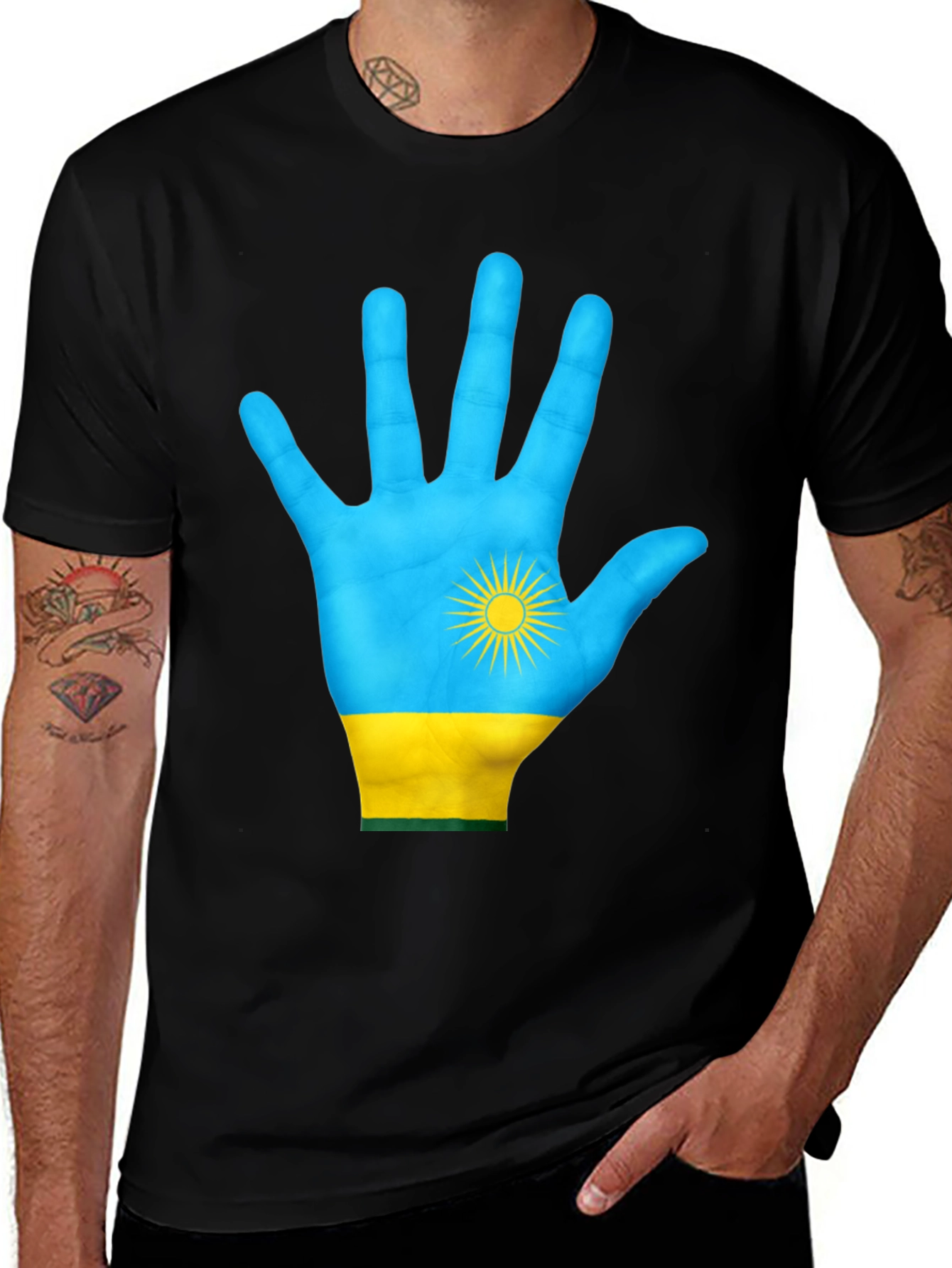 Rwanda Flag Hand Graphic Tee - Black Cotton T-Shirt