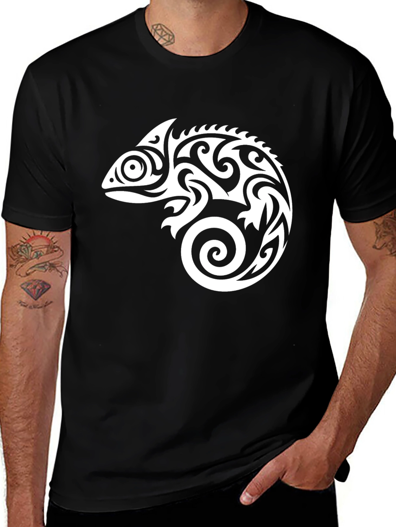 Variant 26 of Tribal Chameleon Graphic Tee - Black T-Shirt
