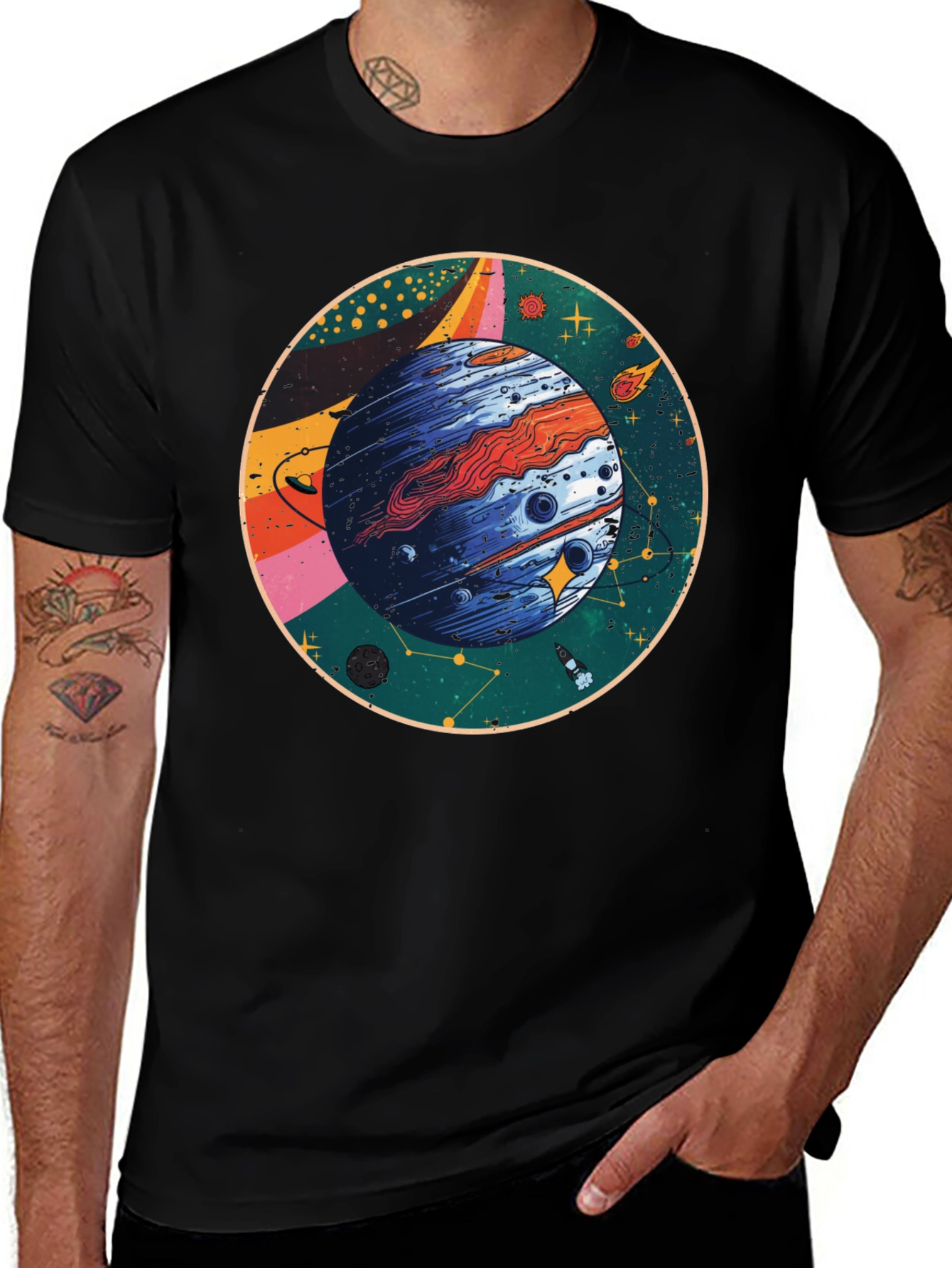 Variant 15 of Cosmic Planet Graphic T-Shirt - Black Crew Neck Tee