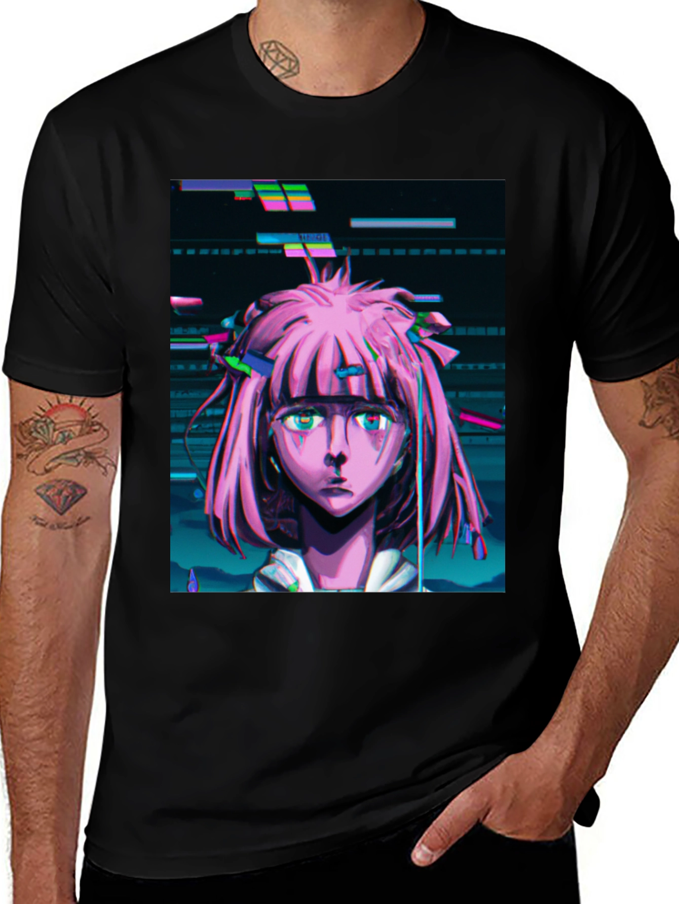 Anime Glitch Art Black T-Shirt