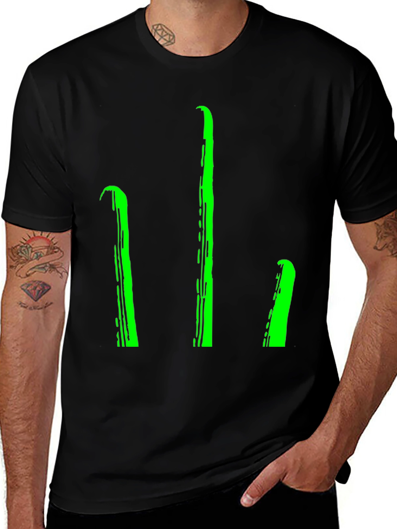 Variant 12 of Men's Black T-Shirt with Green Stylized Trident Design