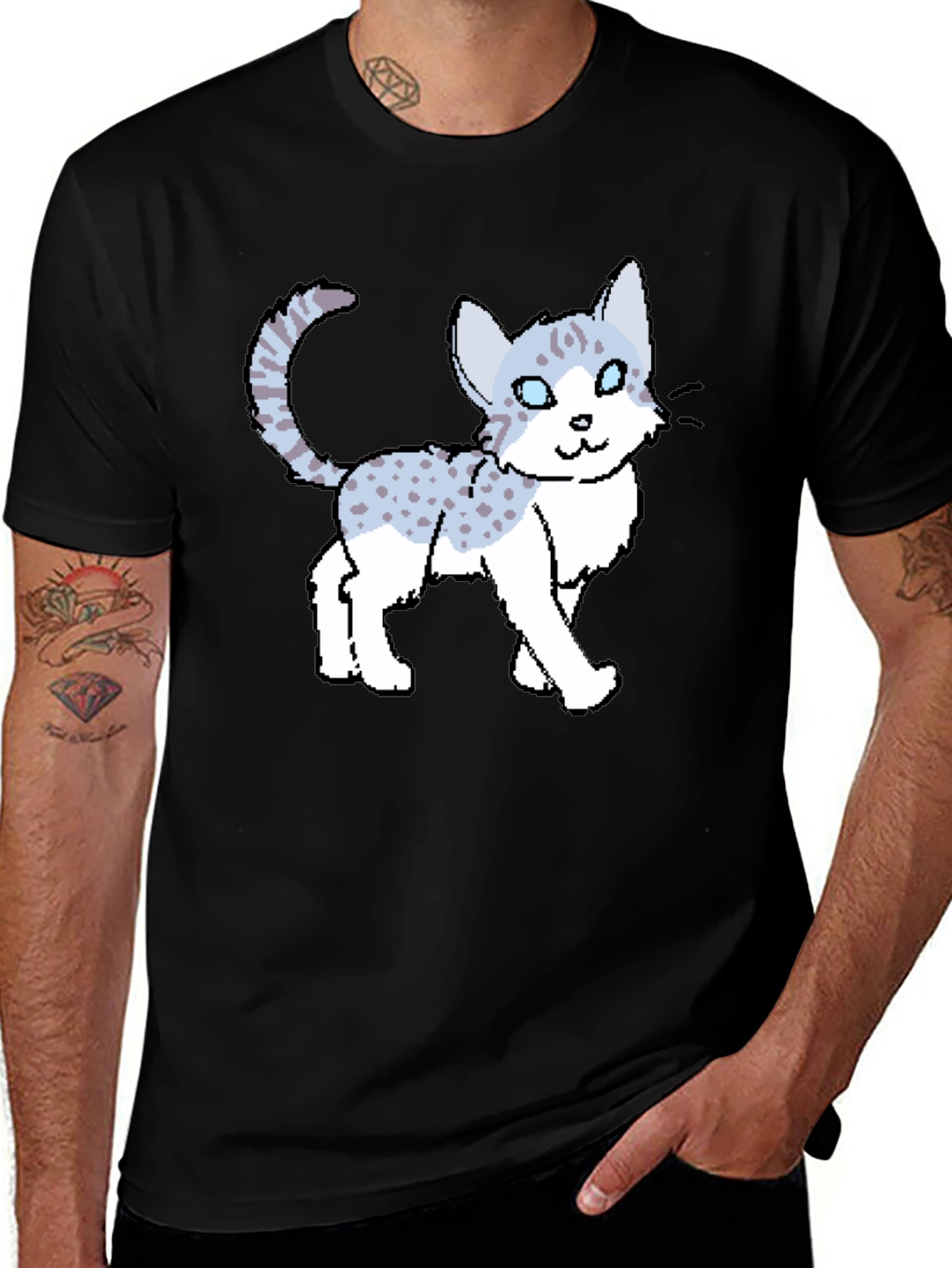 Black Cartoon Cat Print Black T-Shirt main image