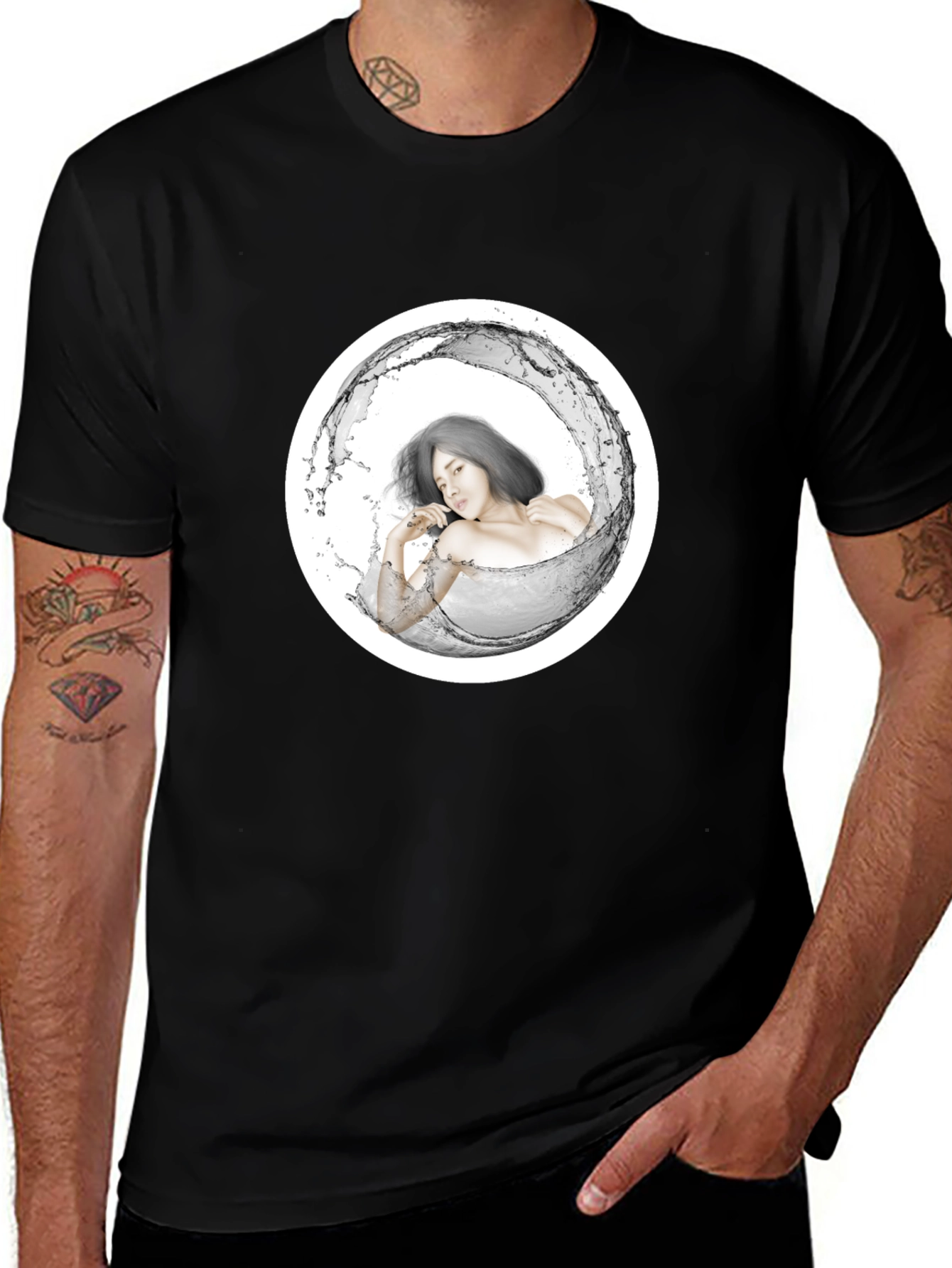 Variant 2 of Stylish Black Tee with Artistic Water Woman Design