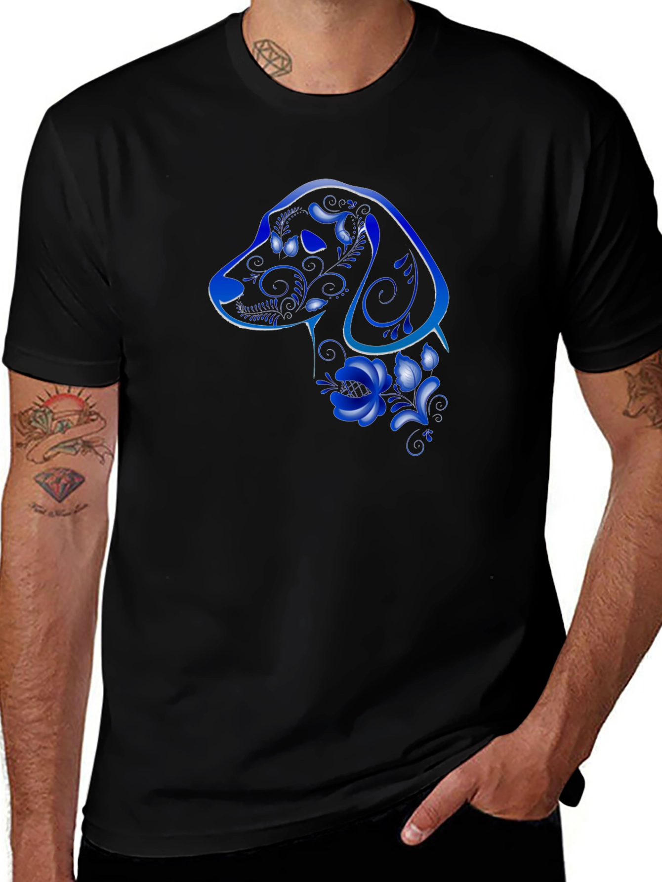 Variant 5 of Dog Floral Silhouette Black T-Shirt