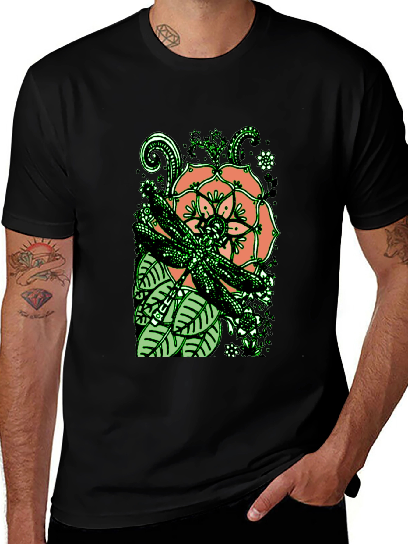 Variant 11 of Dragonfly Floral Graphic Tee - Stylish Men's Black T-Shirt