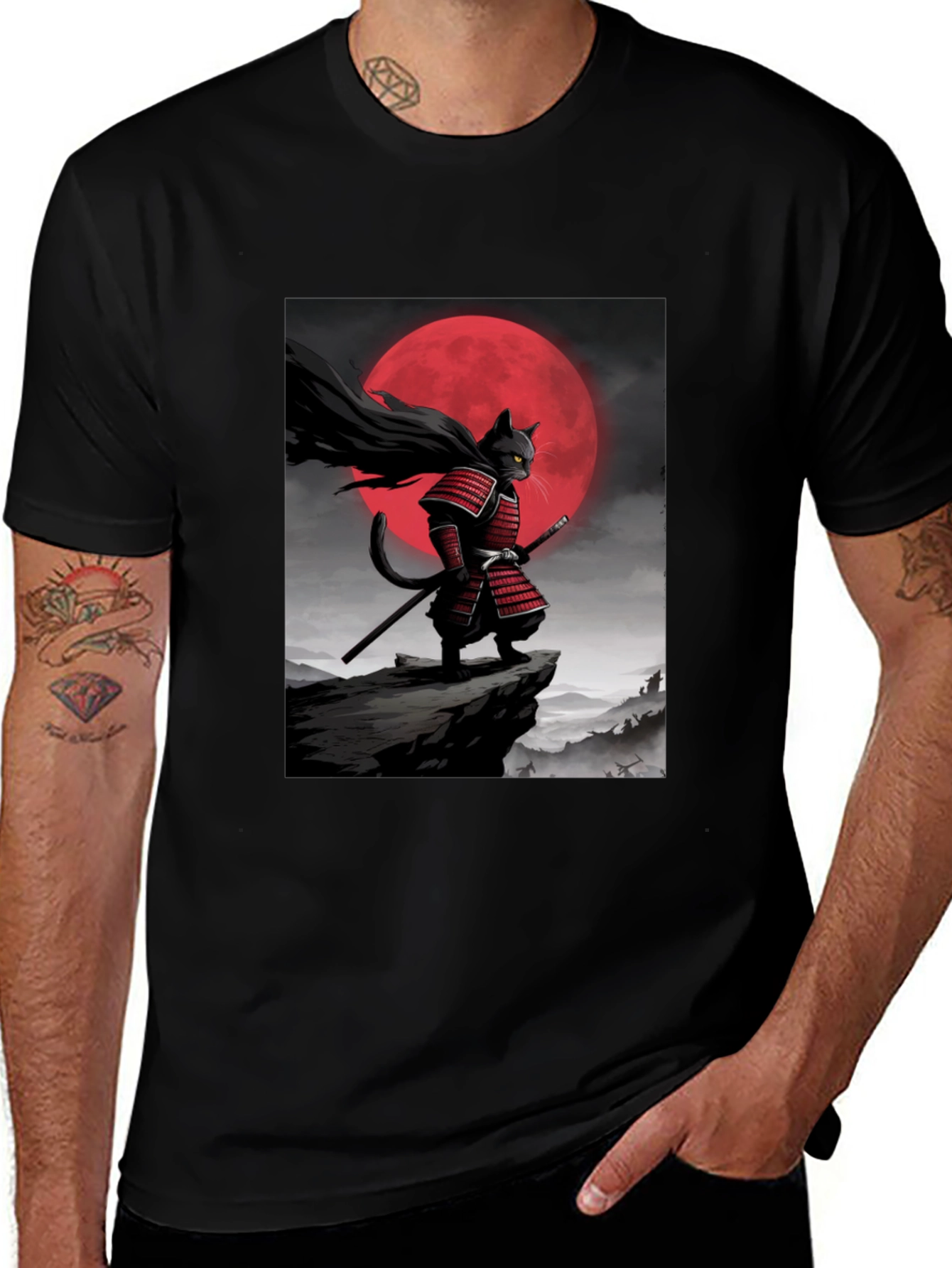 Black Samurai Cat Graphic T-Shirt main image