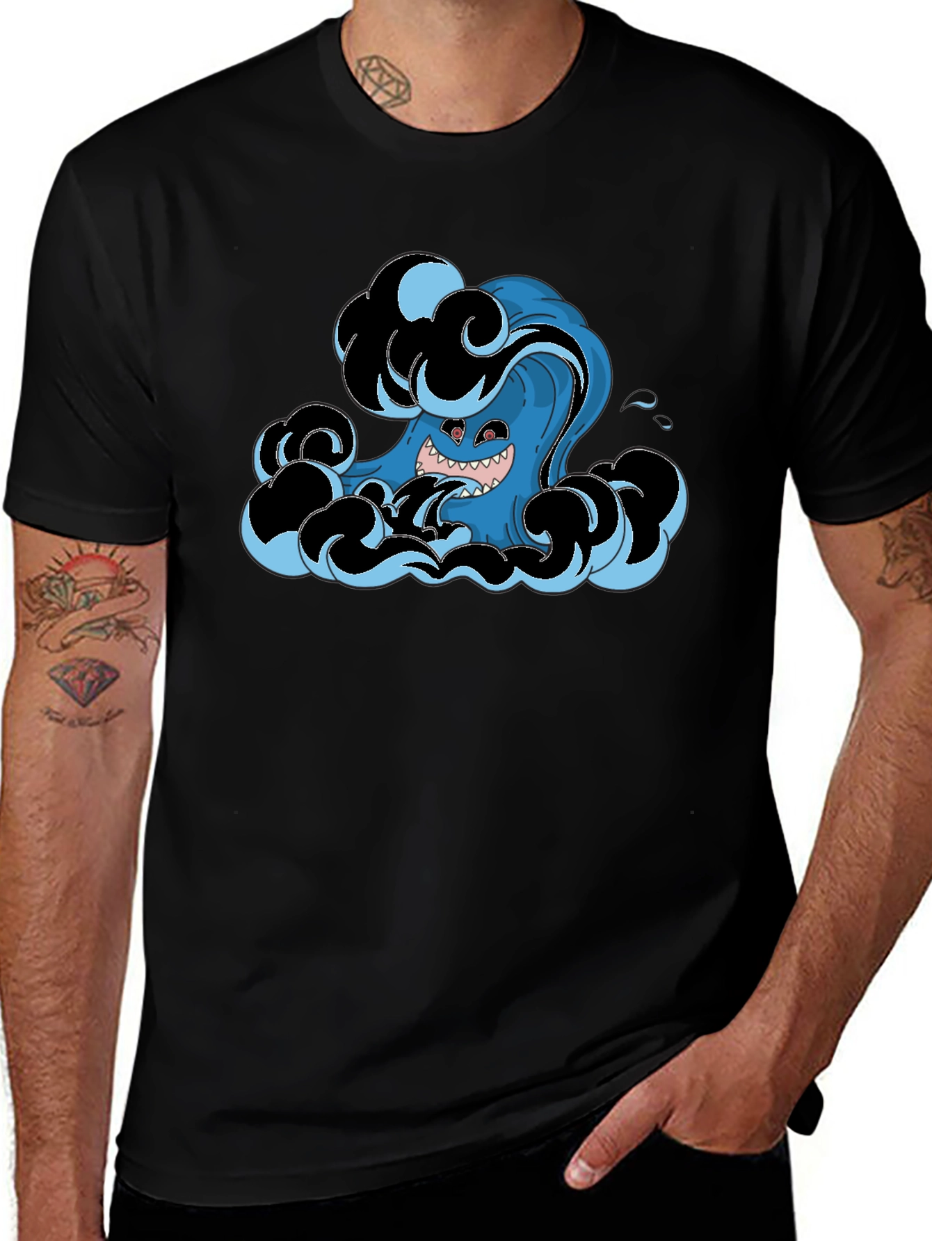 Variant 27 of Men's Black T-Shirt with Wave Monster Graphic