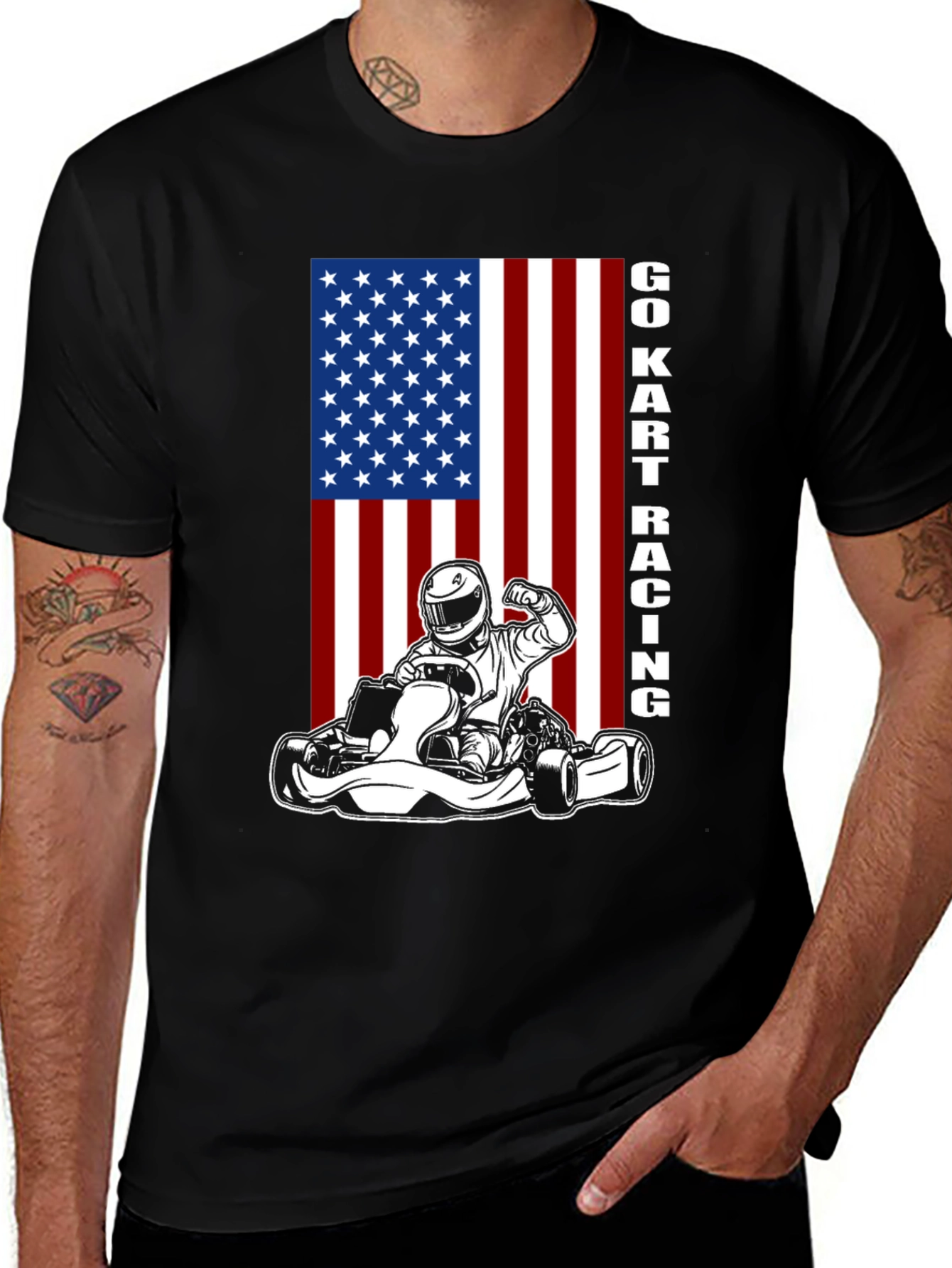 Variant 21 of Go Kart Racing USA Flag Graphic T-Shirt