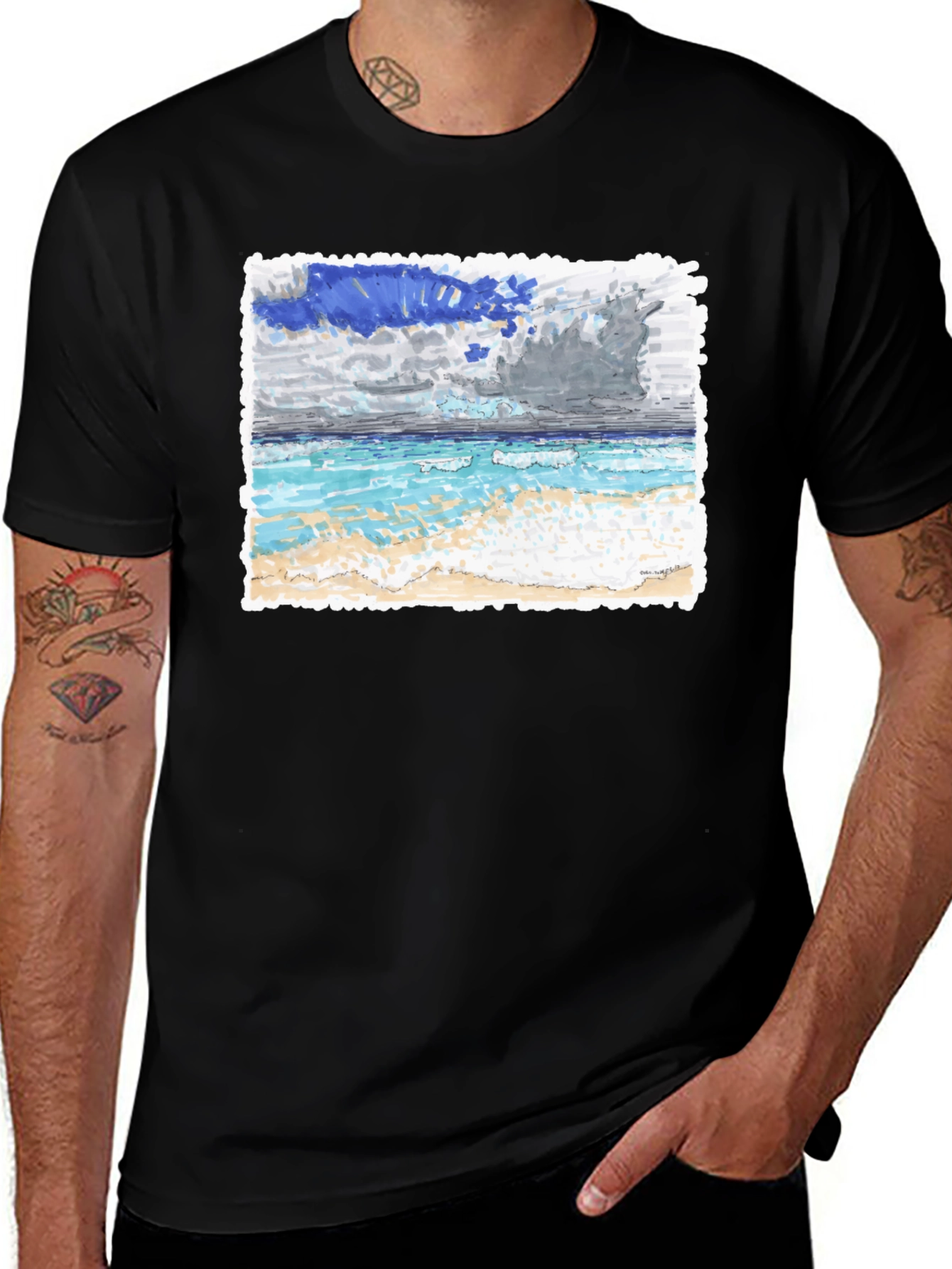 Variant 14 of Ocean Beach Painting on Black T-Shirt