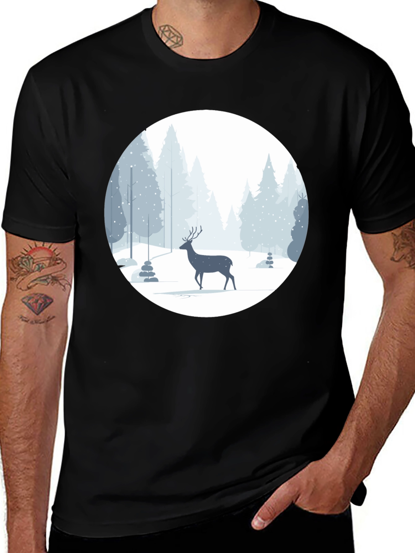 Variant 2 of Winter Deer Graphic Tee - Black Cotton Blend