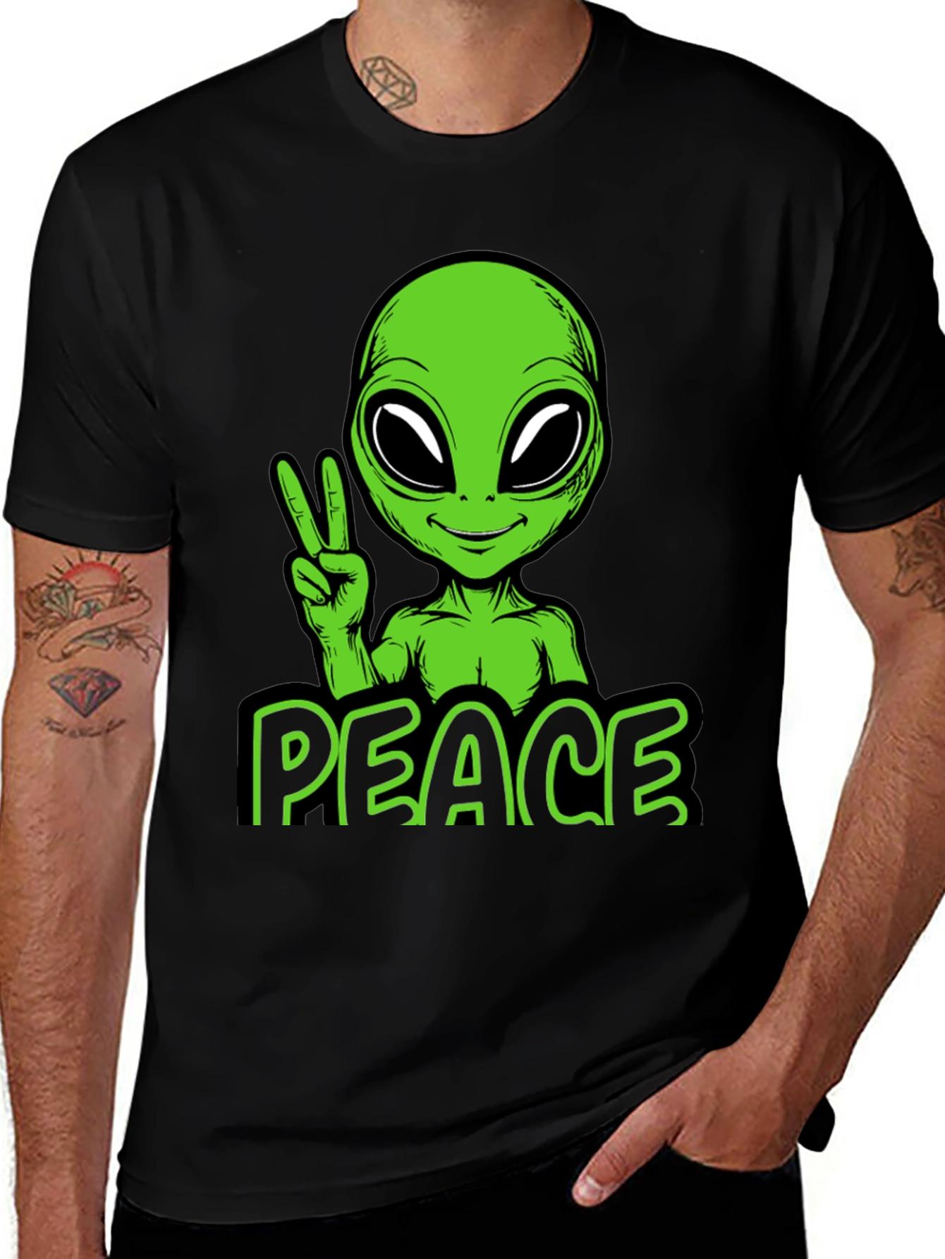 Variant 21 of Alien Peace Graphic Tee - Black Cotton Blend