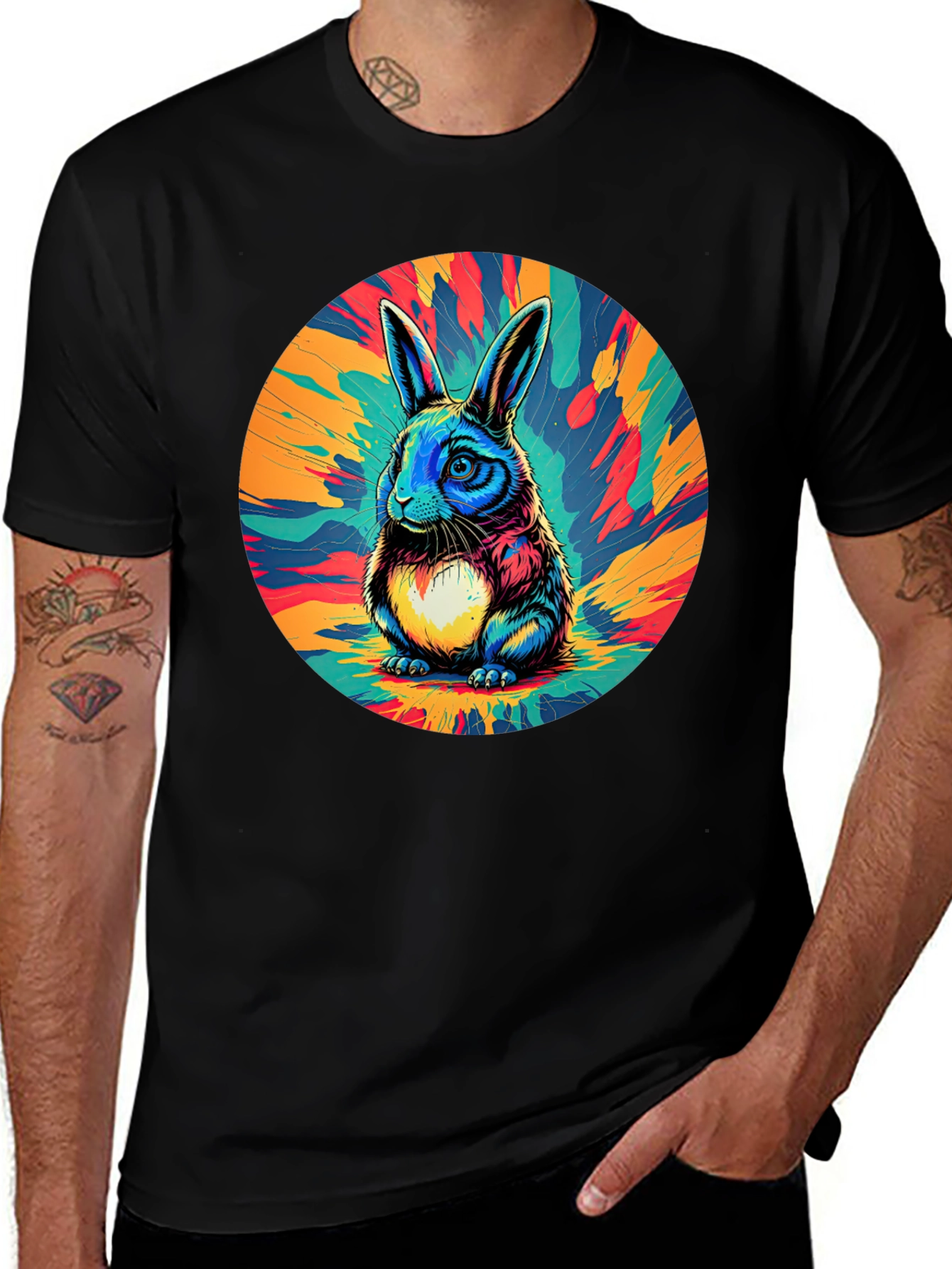 Psychedelic Rabbit Graphic Tee - Stylish Black T-Shirt