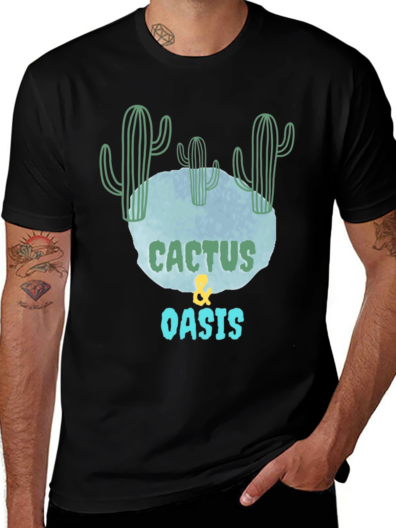 Cactus & Oasis Graphic Tee - Black Cotton Casual T-Shirt