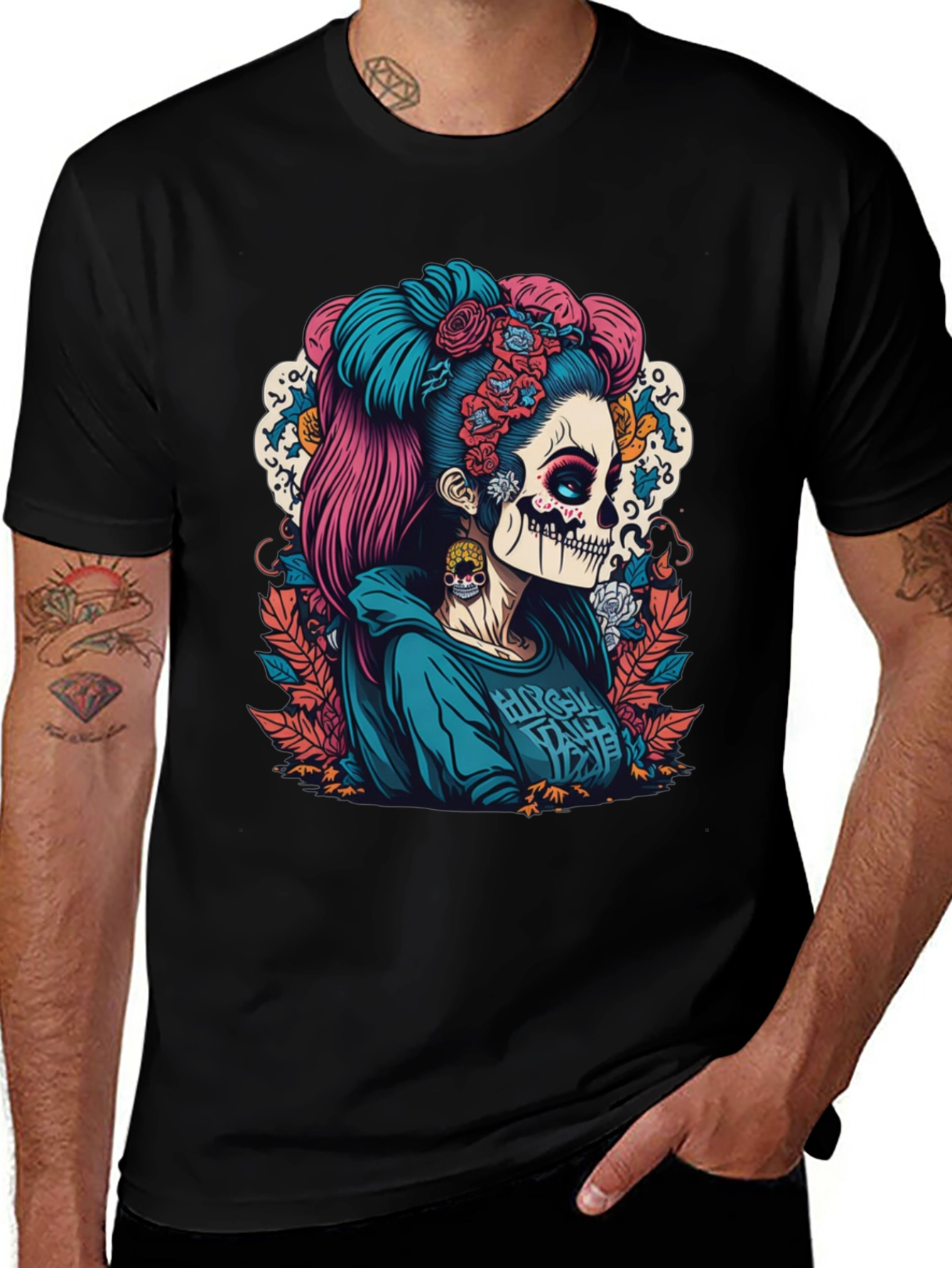 Variant 4 of Sugar Skull Girl Graphic Tee - Day of the Dead Style