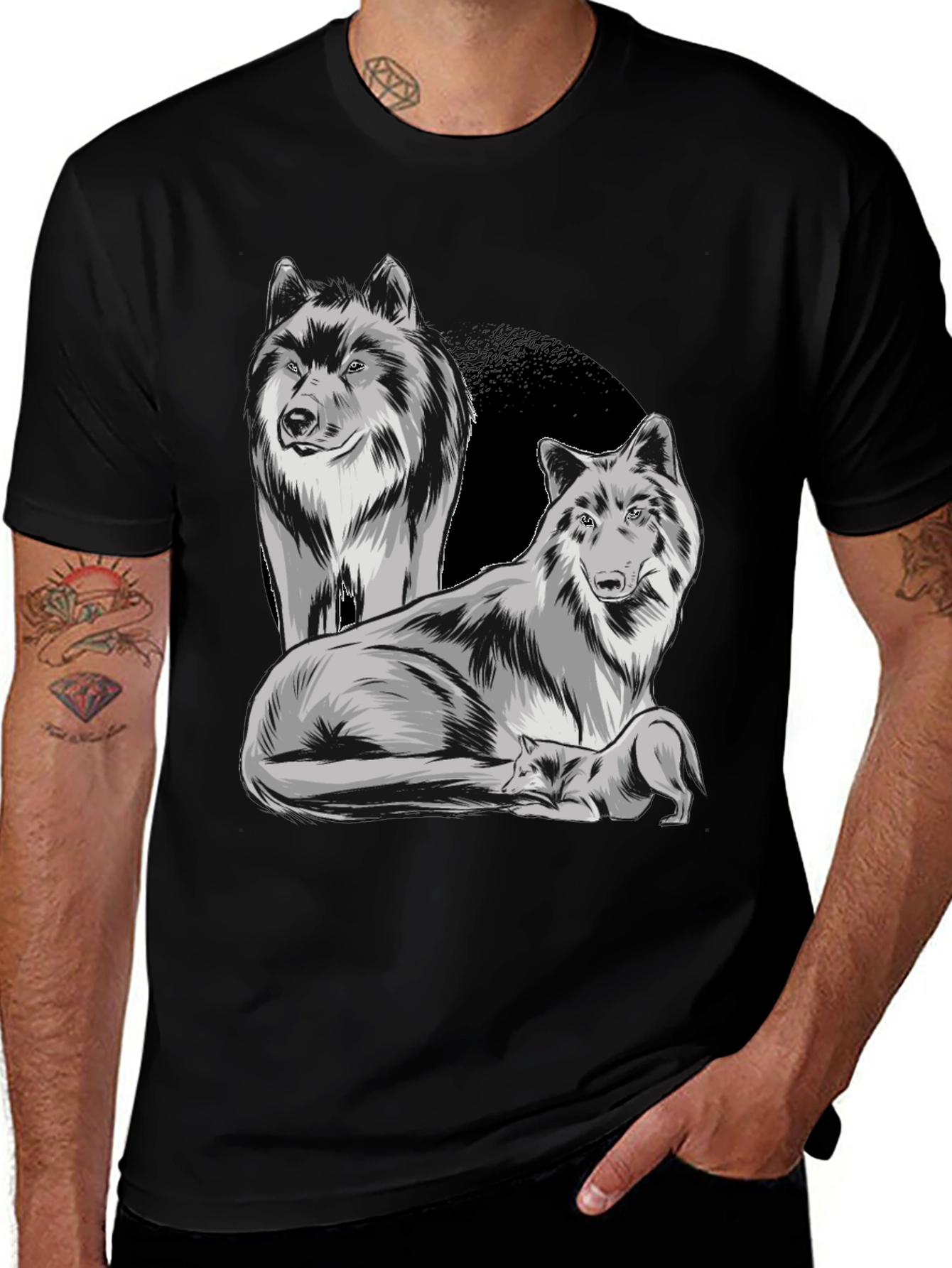 Variant 20 of Wolf Pack Graphic Tee - Black Cotton Blend T-Shirt
