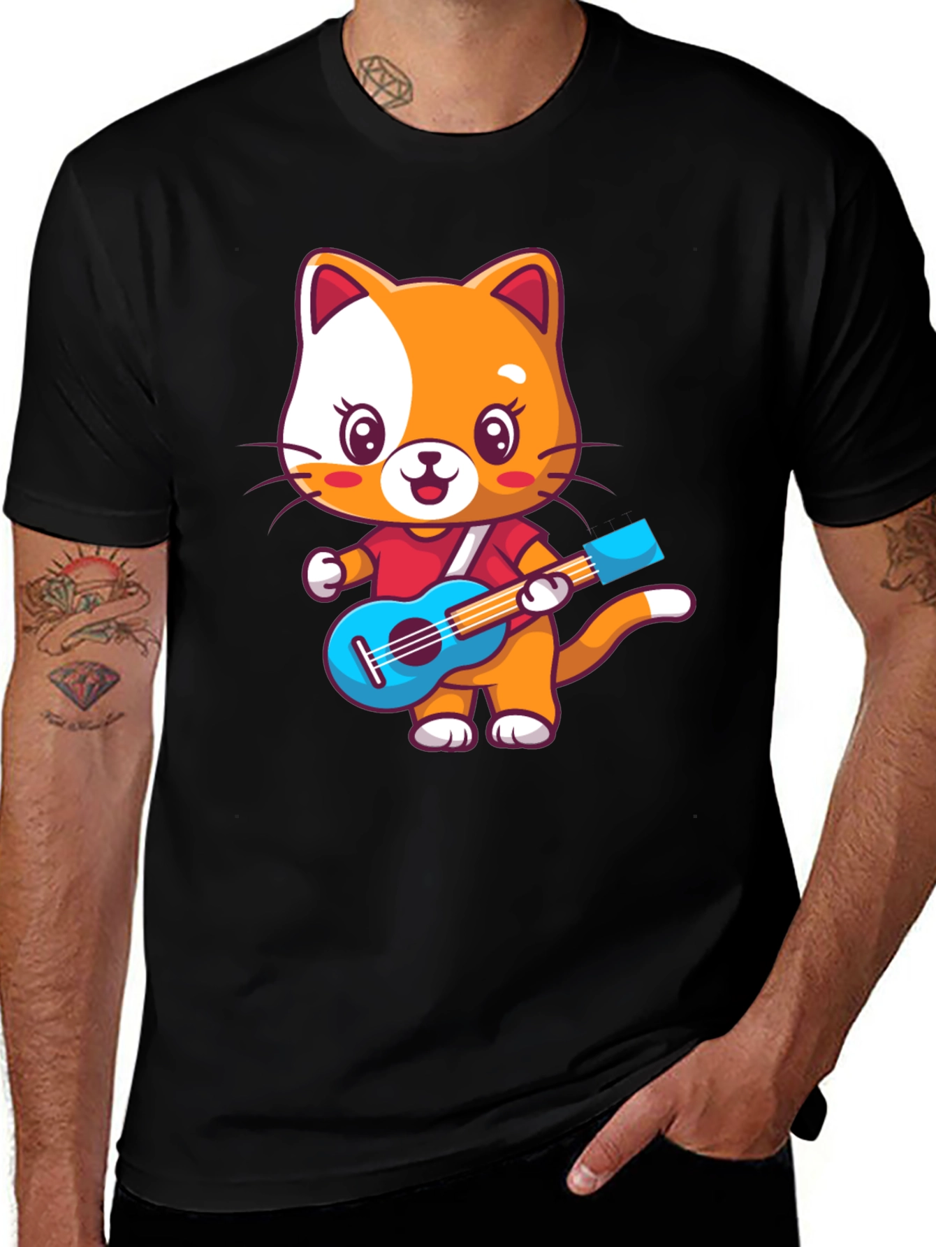 Variant 22 of Cute Cartoon Cat Playing Guitar T-Shirt