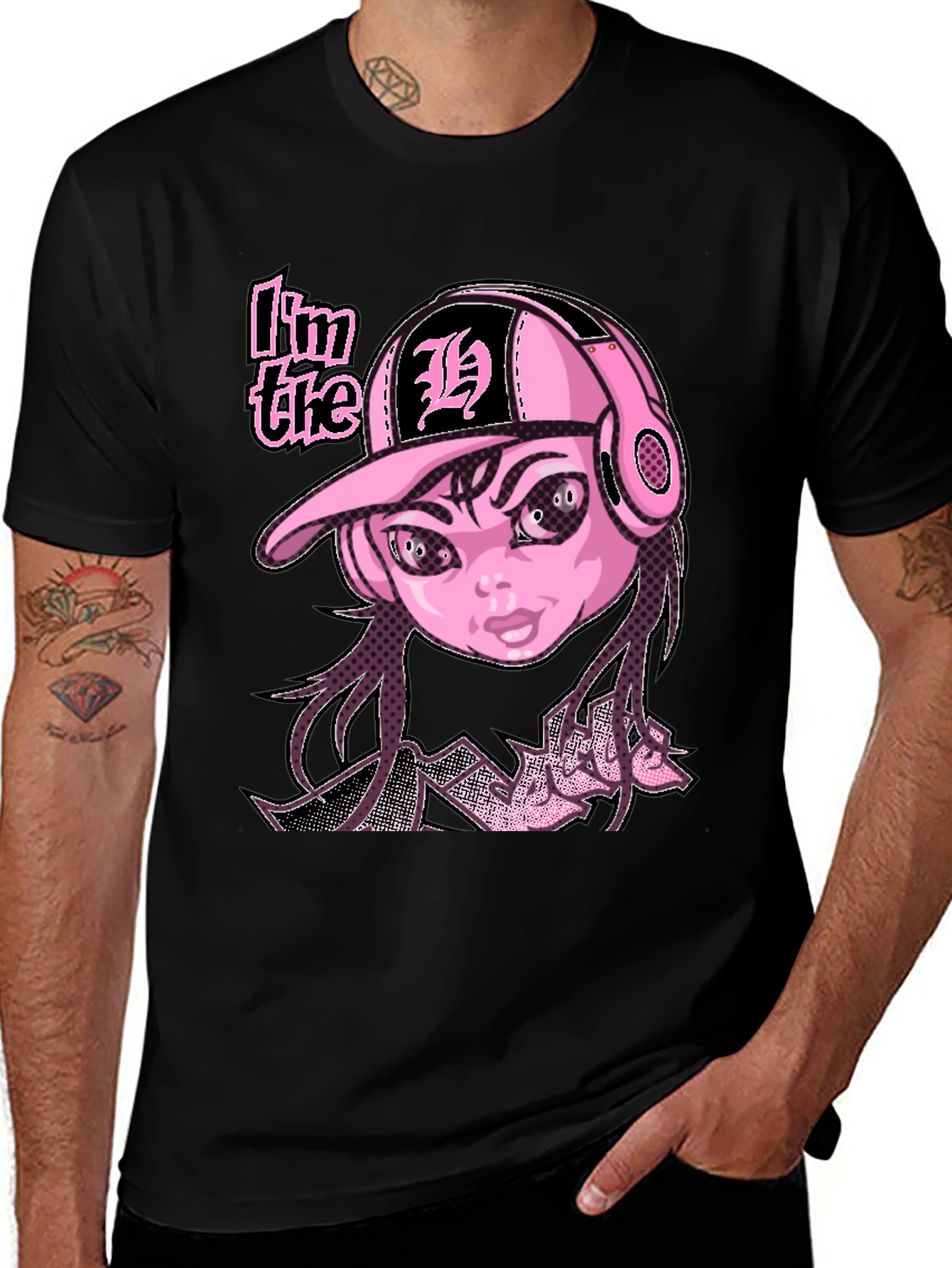 Variant 17 of Graphic Tee: Edgy Pink Doll Design - Black Cotton Shirt