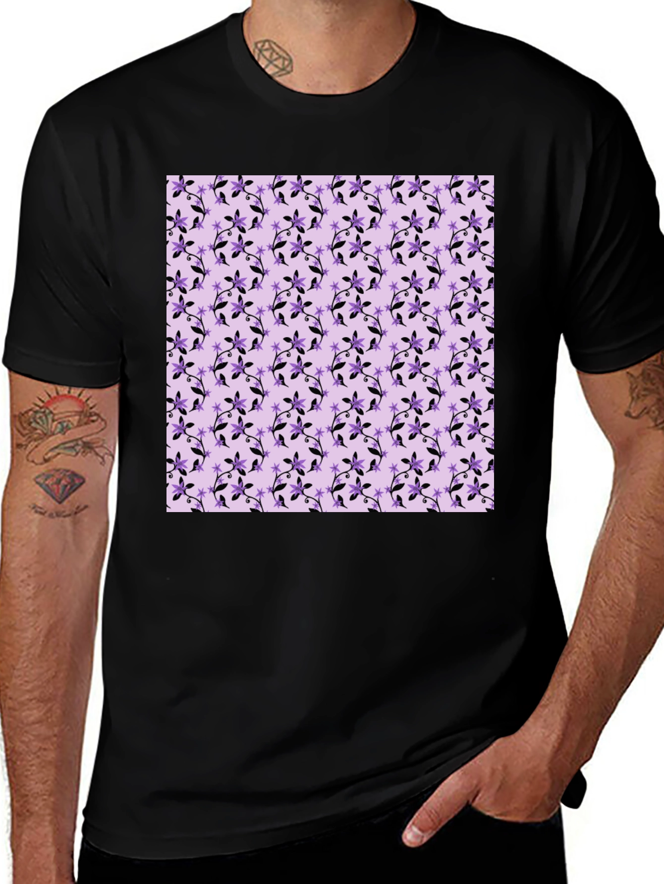 Variant 4 of Floral Print Tee - Black Cotton Casual