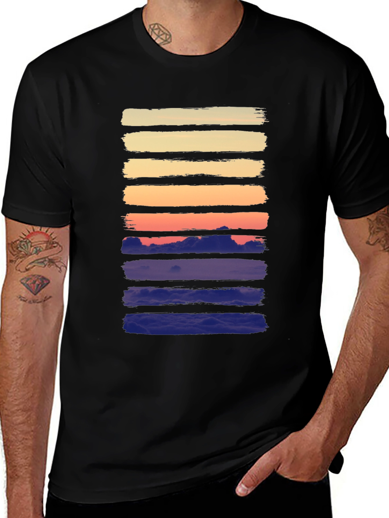 Variant 2 of Sunset Stripes Graphic Tee - Black Cotton Casual Shirt