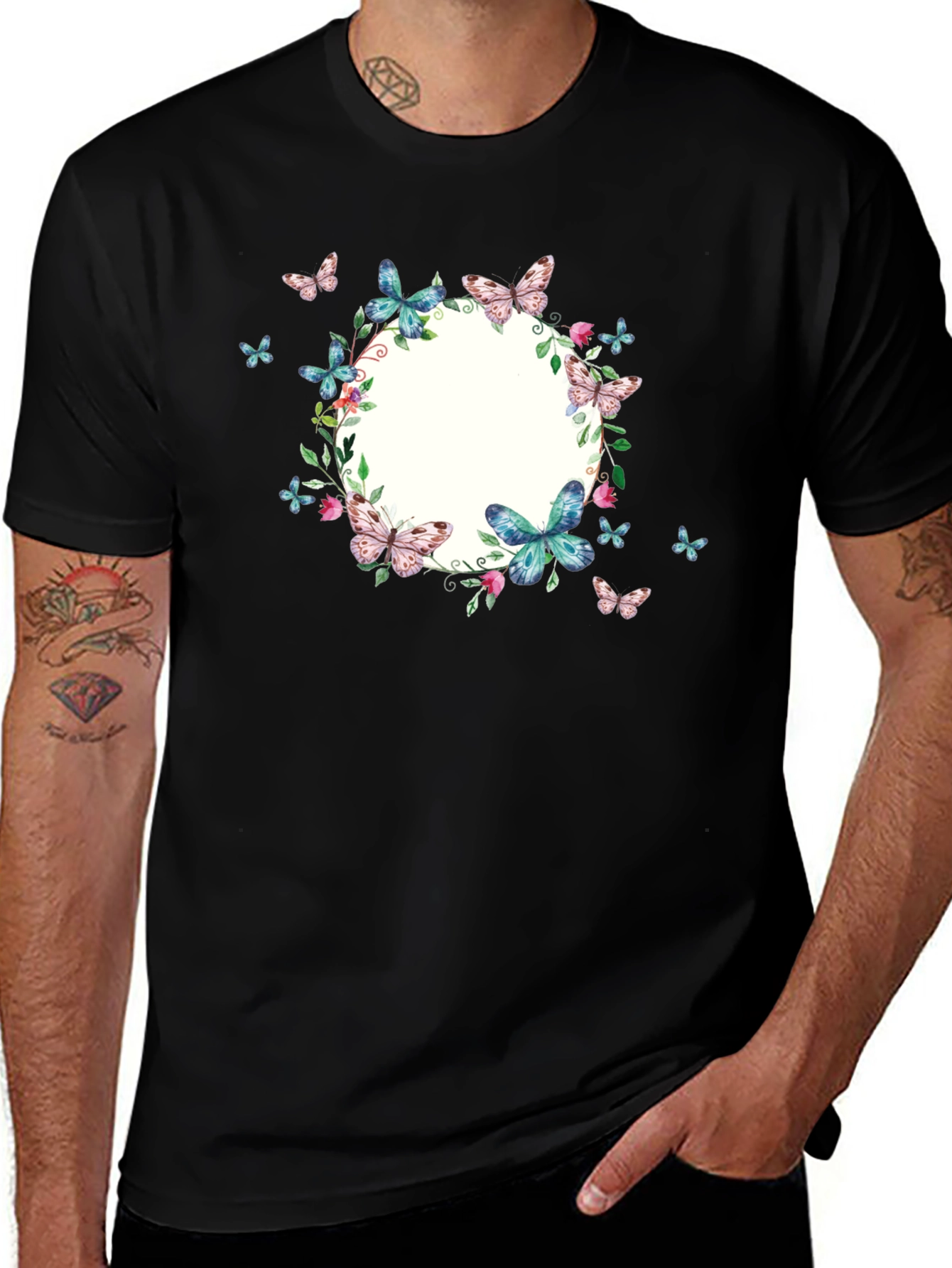 Variant 2 of Butterfly Wreath Graphic Black T-Shirt