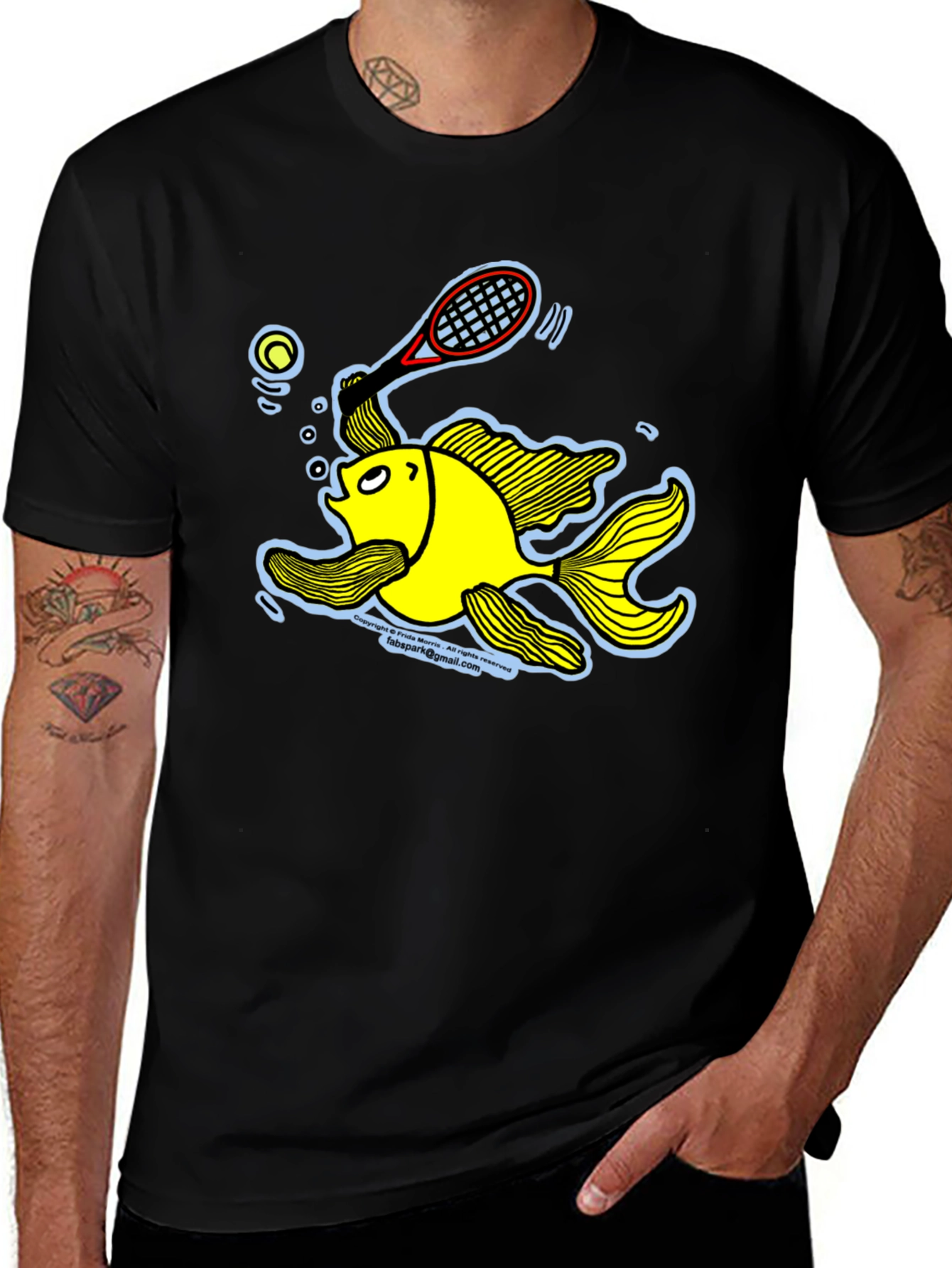 Variant 28 of Funny Goldfish Tennis T-Shirt - Black Cotton Tee