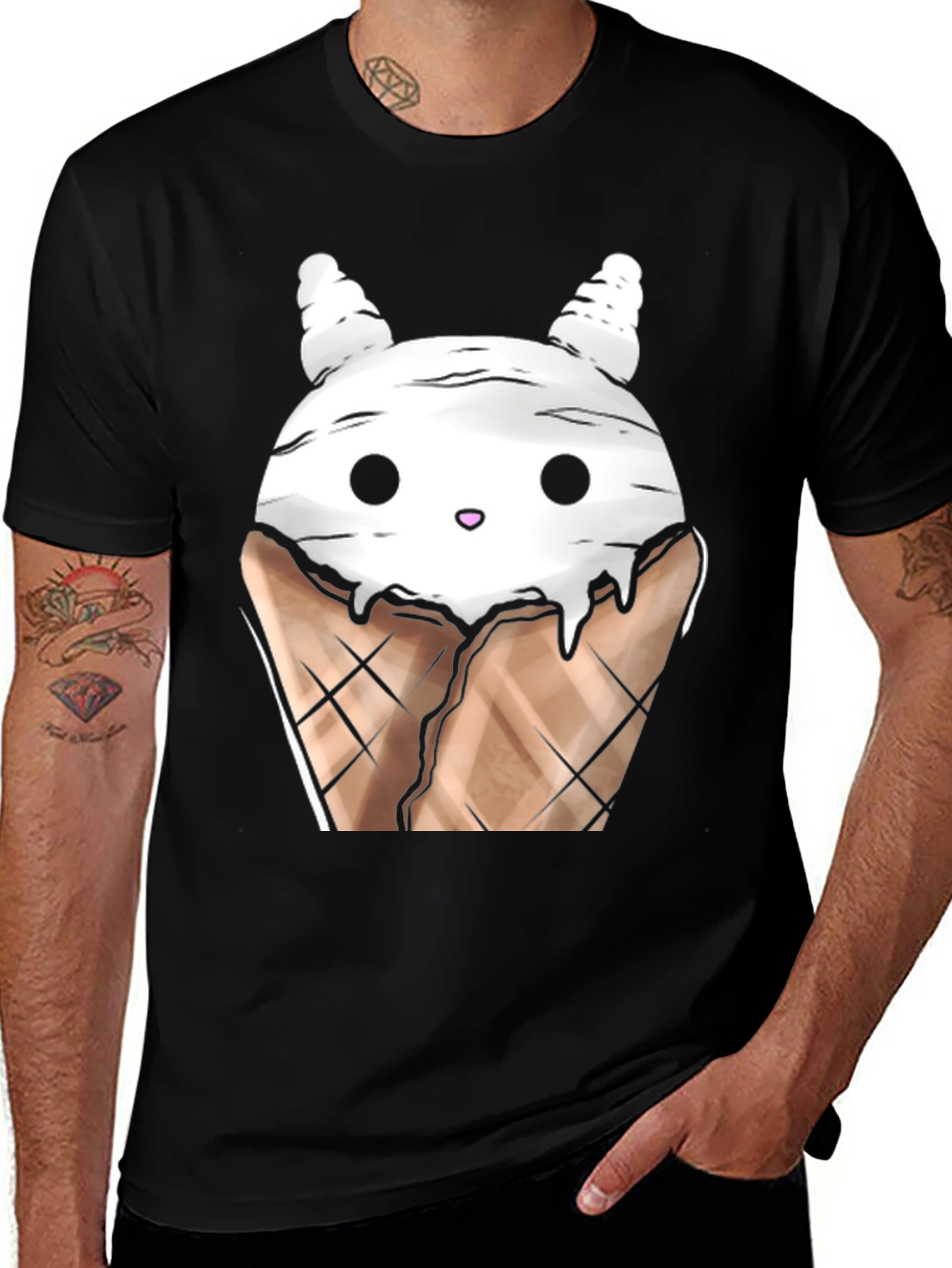 Variant 9 of Ice Cream Cat Graphic Tee - Black Cotton Shirt