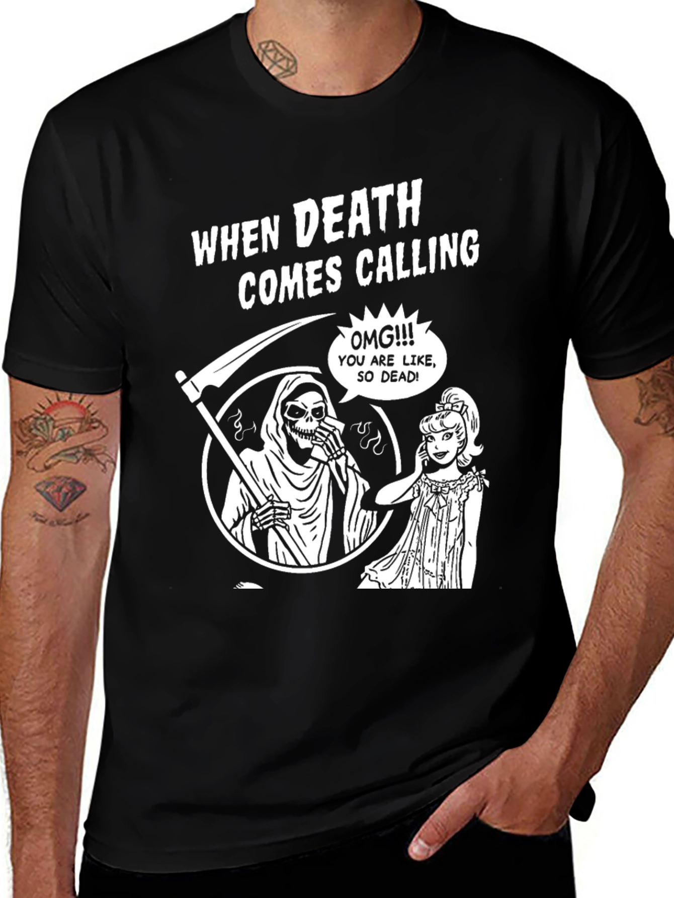 Variant 19 of Death Comes Calling Graphic Tee - Funny Grim Reaper Shirt