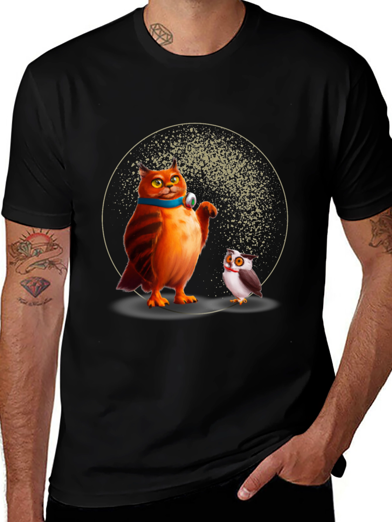 Variant 4 of Cartoon Cat and Owl Print Black T-Shirt