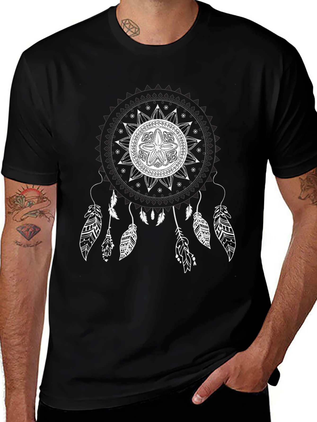 Variant 11 of Black T-Shirt with Mandala Dreamcatcher Design