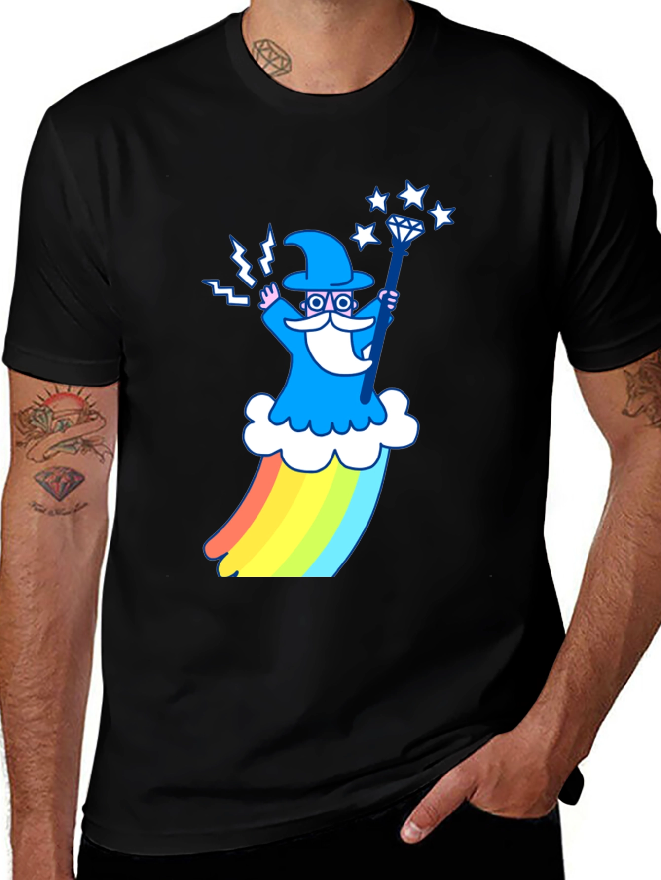 Variant 8 of Rainbow Wizard Graphic Tee - Black Cotton Blend