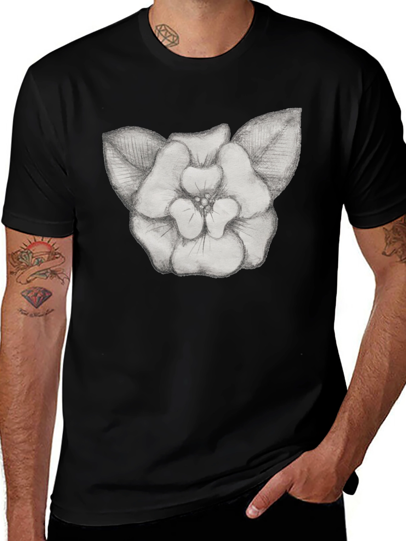 Floral Sketch Graphic Tee - Black Cotton T-Shirt