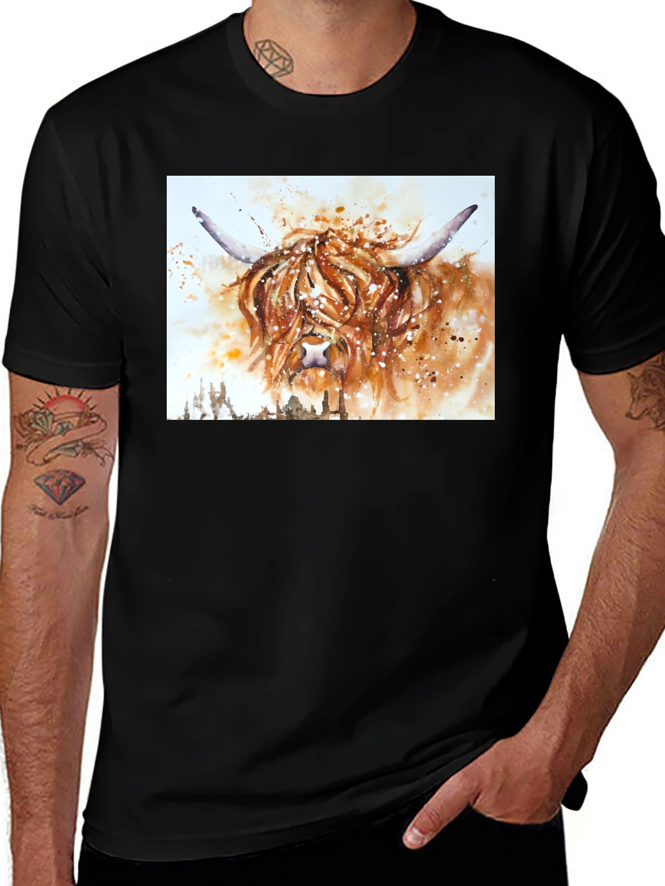Variant 26 of Highland Cow Watercolor Print Black T-Shirt