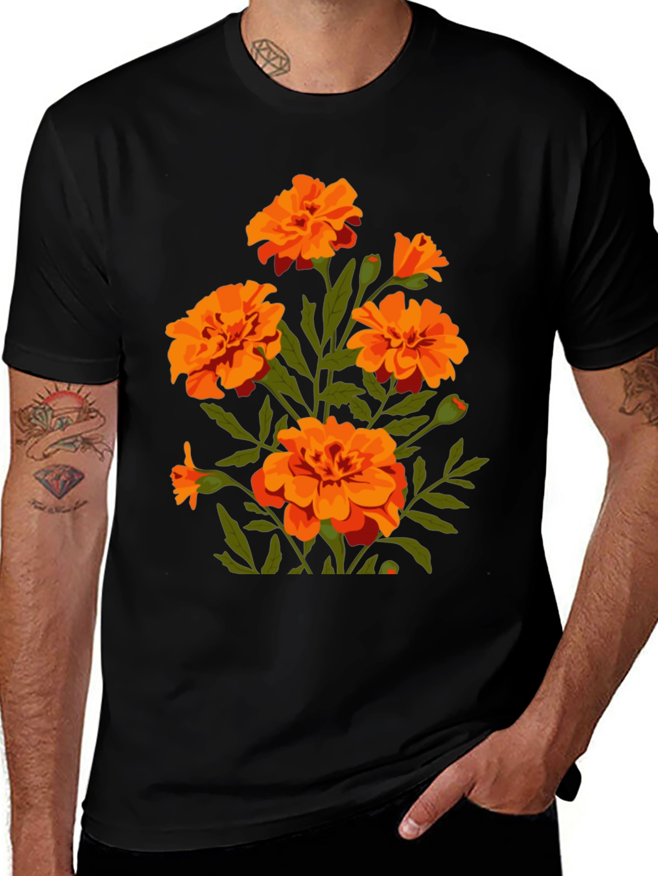 Variant 8 of Black T-Shirt with Orange Flower Graphic Print