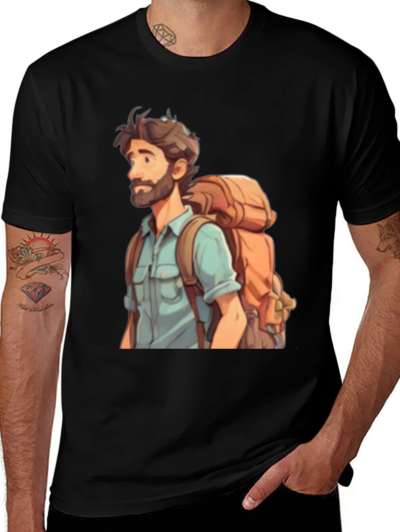Variant 11 of Cartoon Hiker T-Shirt - Black Cotton Blend Tee