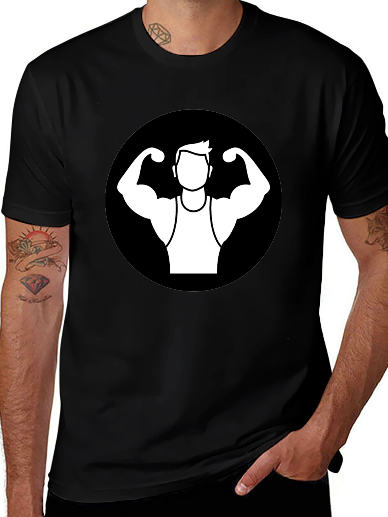Variant 15 of Men's Black Graphic Tee - Muscle Man Design