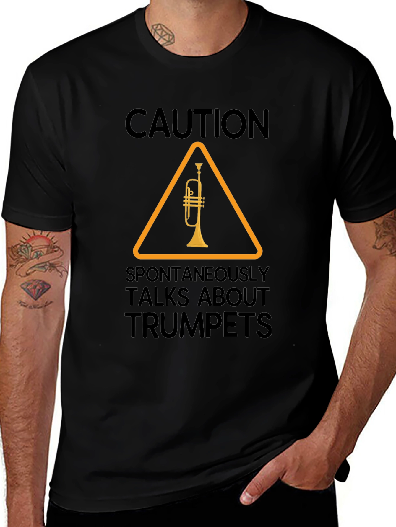 Variant 25 of Caution: Spontaneously Talks About Trumpets T-Shirt