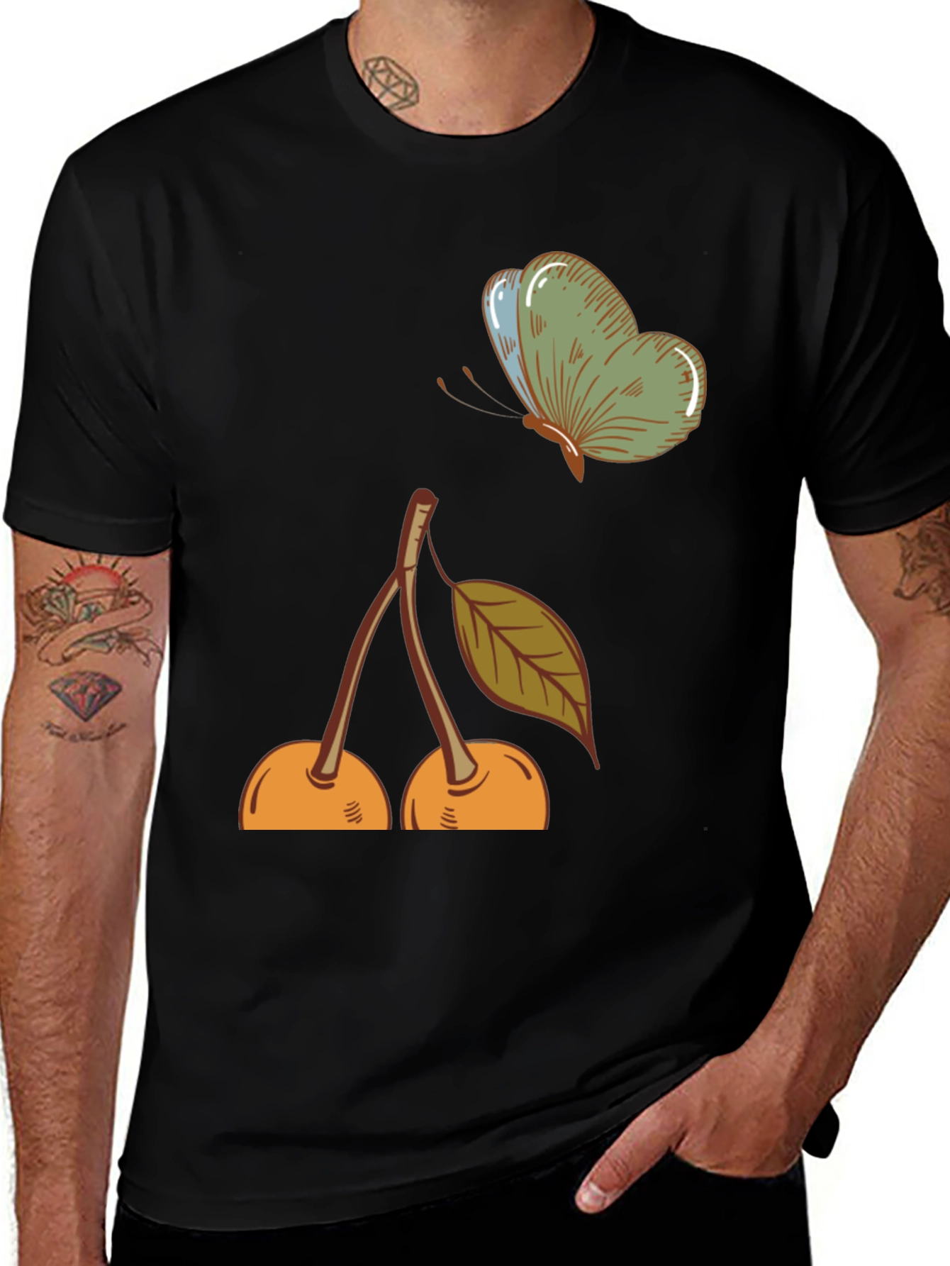 Black Cherry & Butterfly Graphic Tee - Black Casual T-Shirt main image