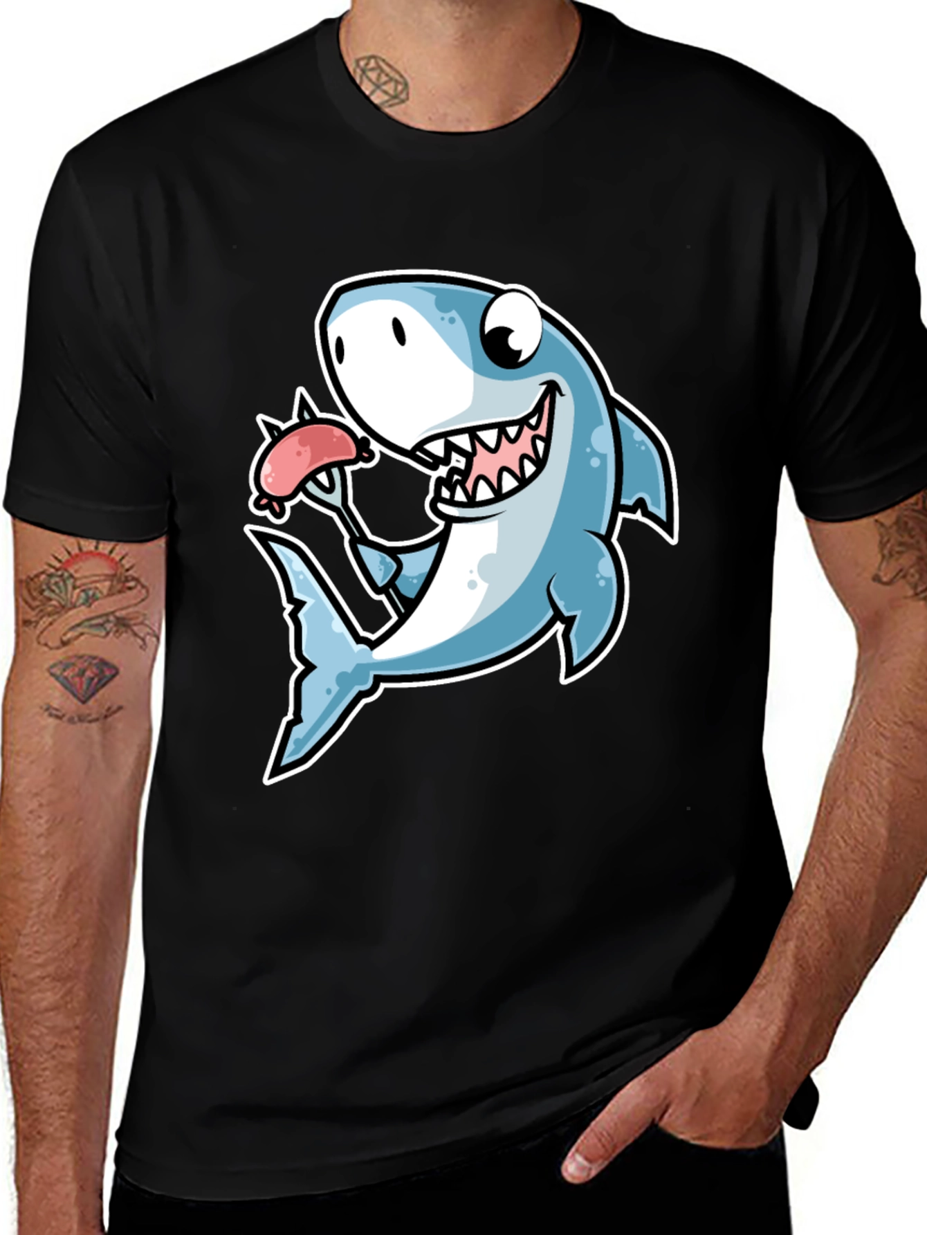 Variant 2 of Shark Loves Sausage T-Shirt - Novelty Graphic Tee