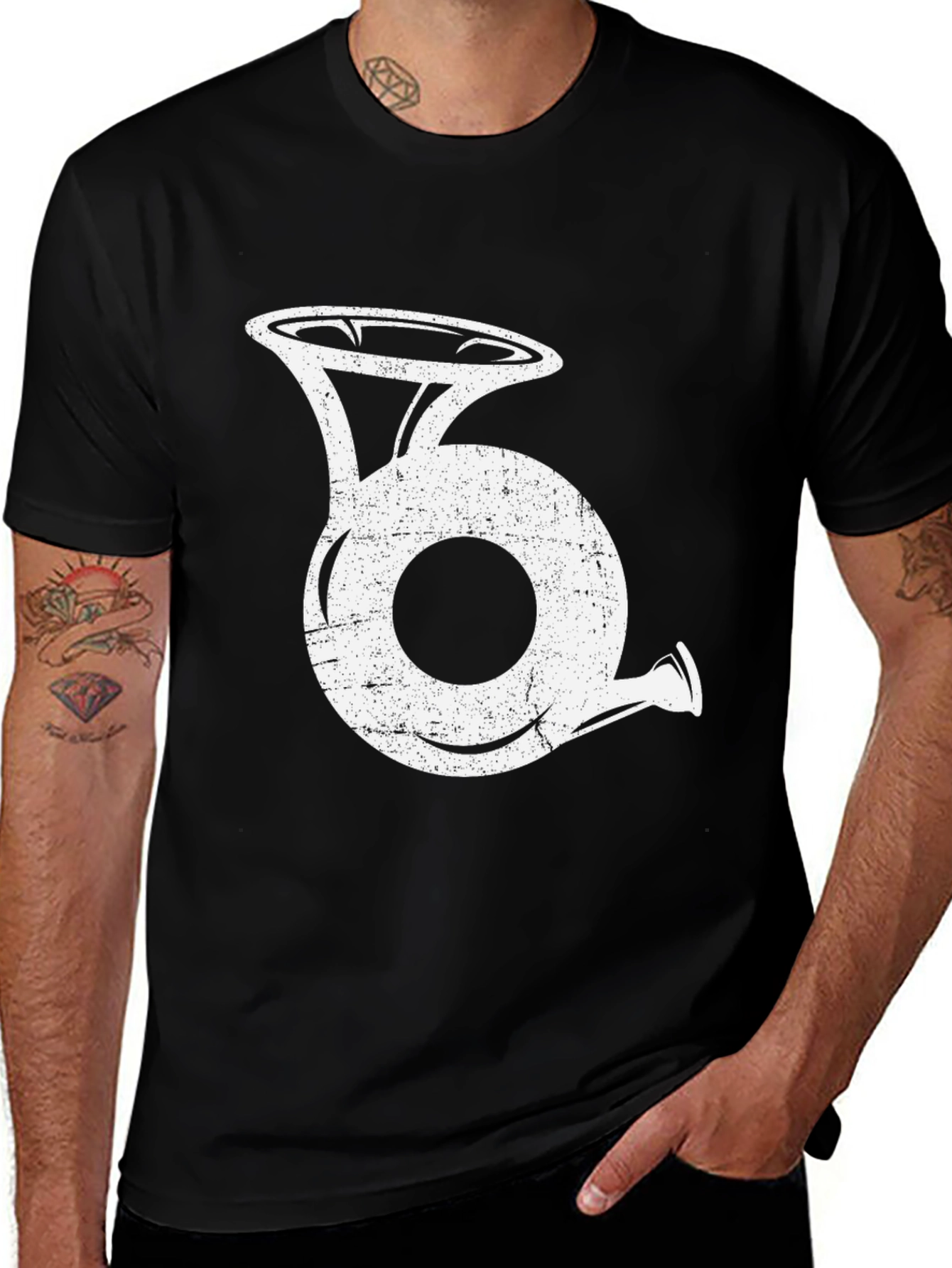 Variant 28 of Retro French Horn Graphic Tee - Black Cotton Comfort