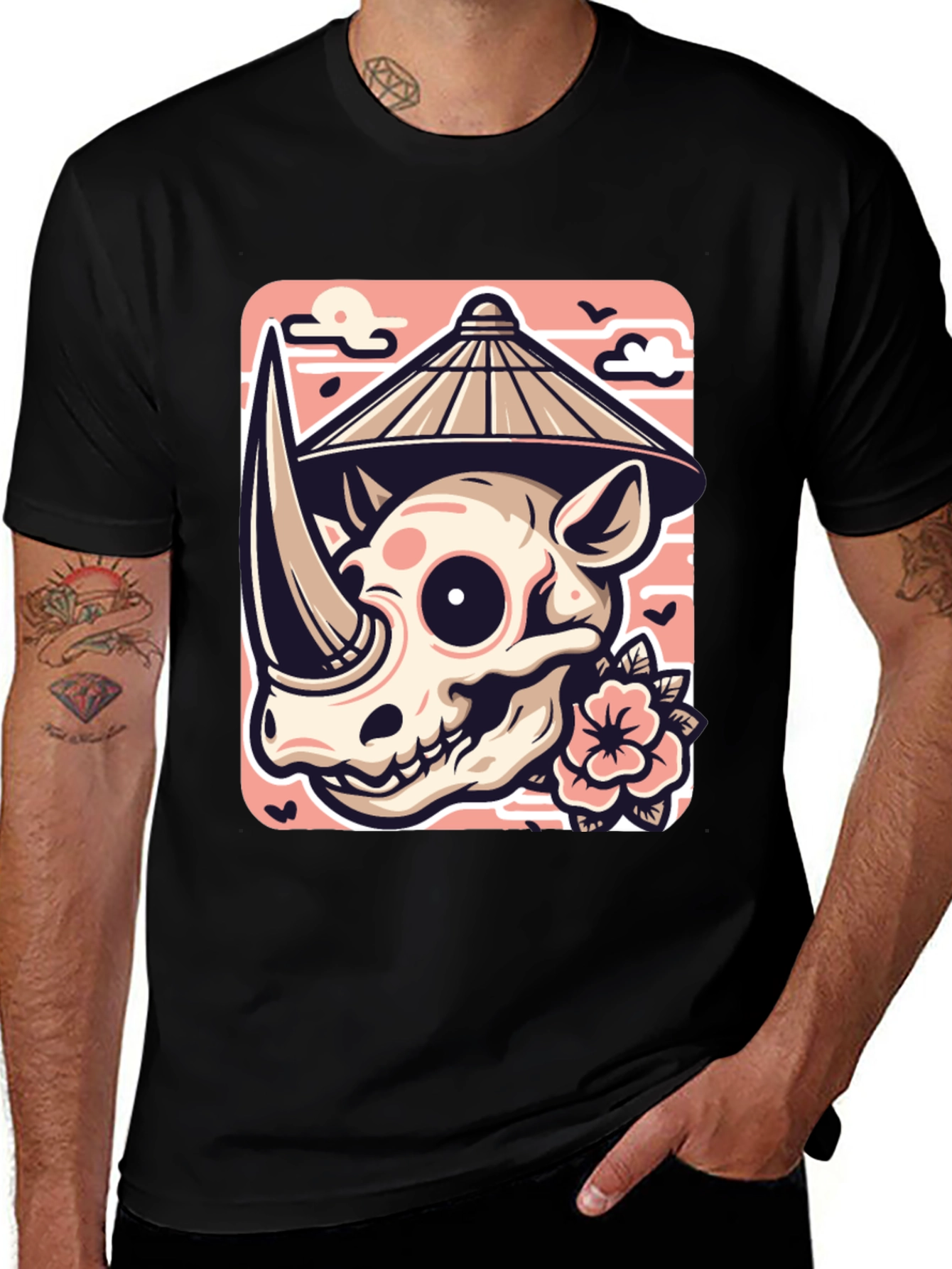 Rhino Skull T-Shirt with Asian Style Hat
