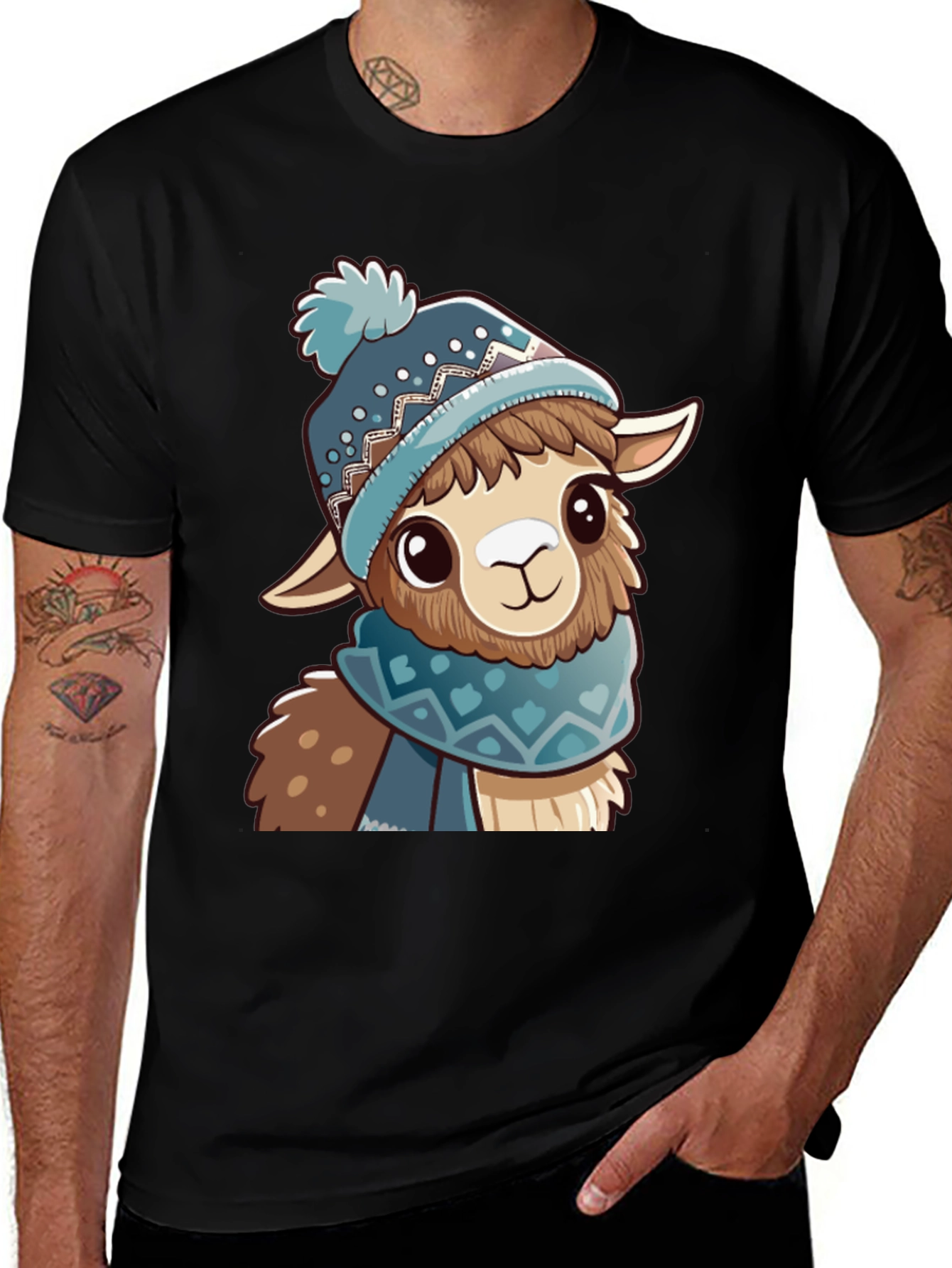 Black Cute Llama in Winter Hat Black T-Shirt main image